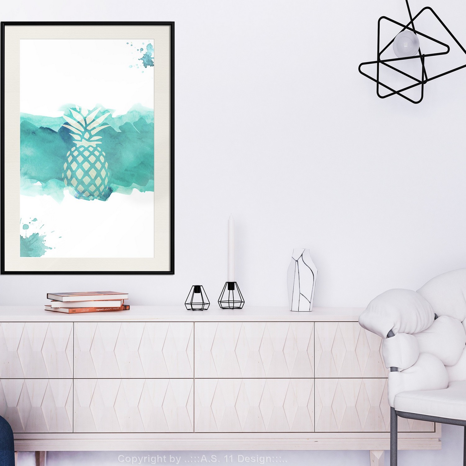 Affisch - Pineapple in Watercolours [Poster] 30x45 Svart ram med passepartout, 30x45 cm