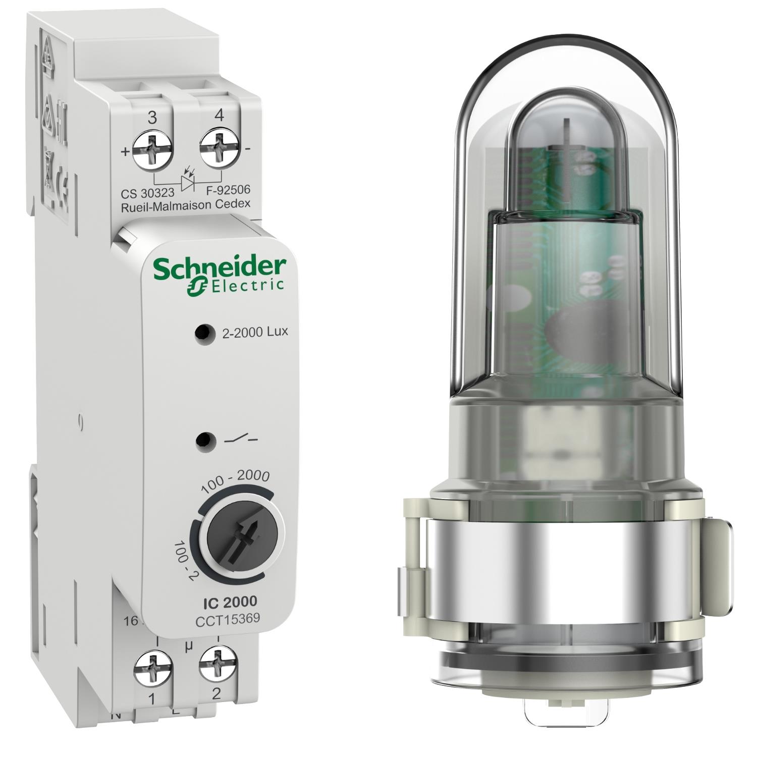 Skymningsrelä Schneider Electric Acti 9 IC2000d  2–2000 lux 16A 230V AC med ljussensor för utomhusbruk
