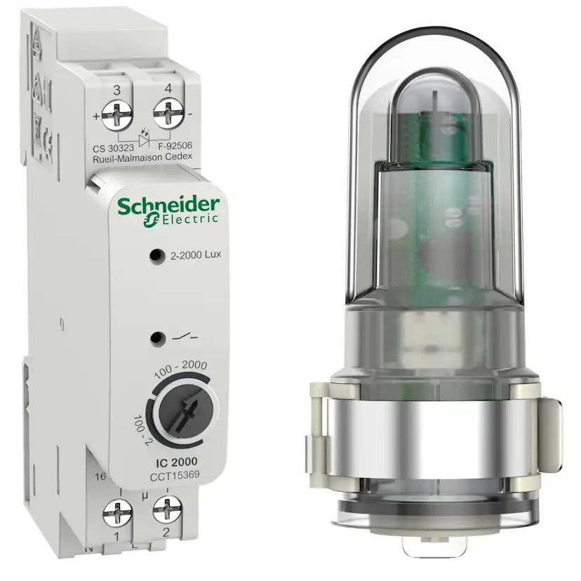 Skymningsrelä Schneider Electric Acti 9 IC2000d 2–2000 lux 16A 230V AC med ljussensor för utomhusbruk