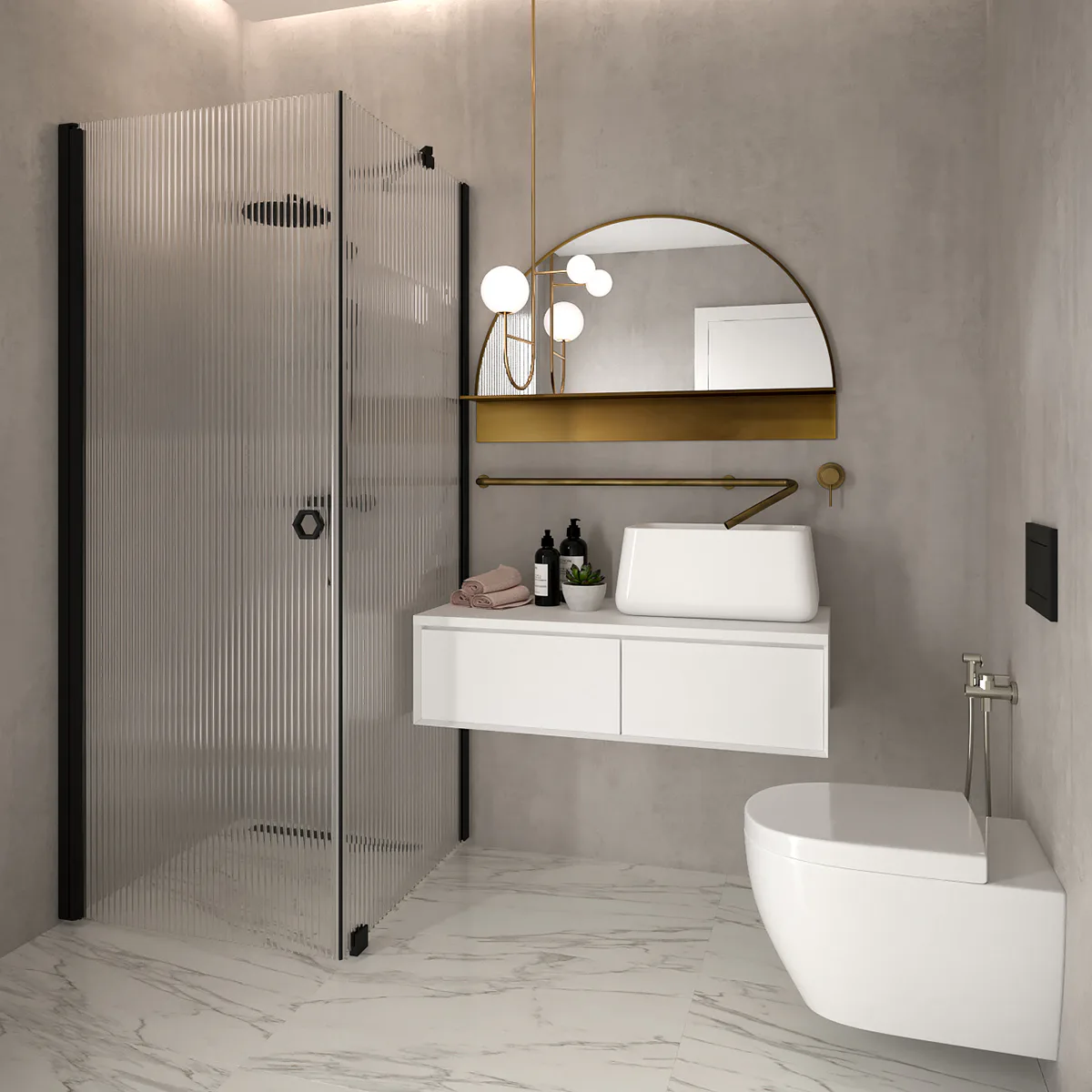 Forma 368 902 Fast Vägg (A) x 907 Vändbar Dörr (B) mm, Reeded, Svarta Profiler