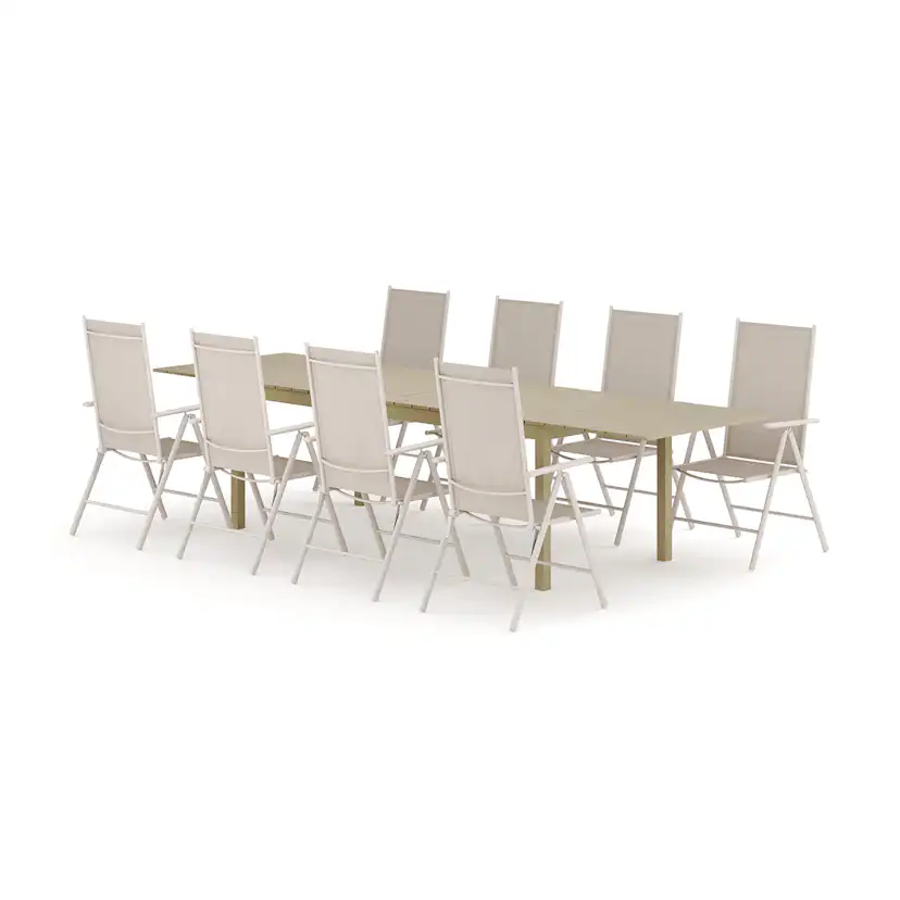 Trädgårdsgrupp Comfort Garden Tunis utomhus matgrupp förlängningsbart 205/305x90 cm med 8 Maggie positionsstolar