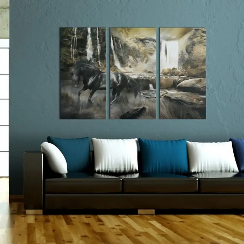 Tavla Arkiio Black Horse And Rocky Waterfall