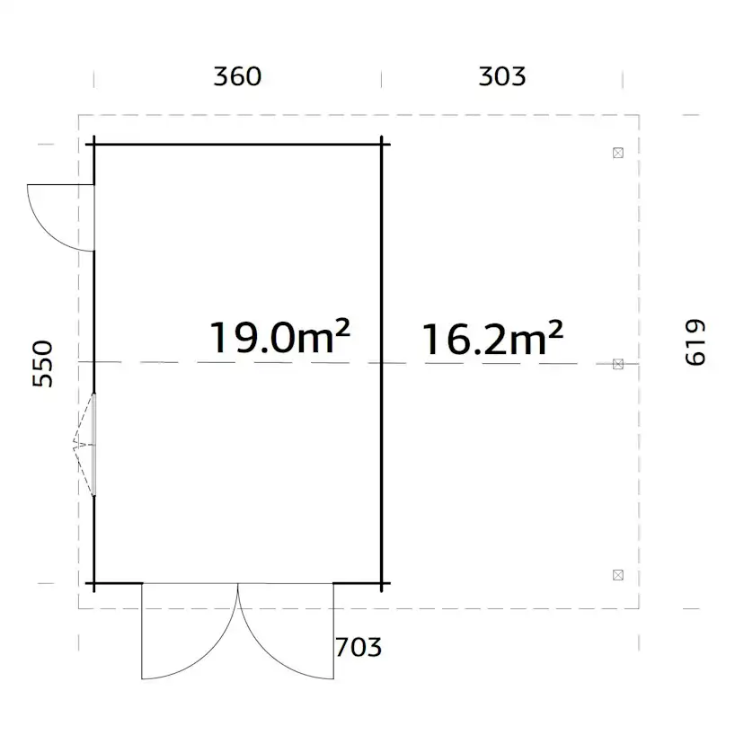 Roger 19,0+16,2 m2 with wooden gate WTDIP Impregnerad transparent
