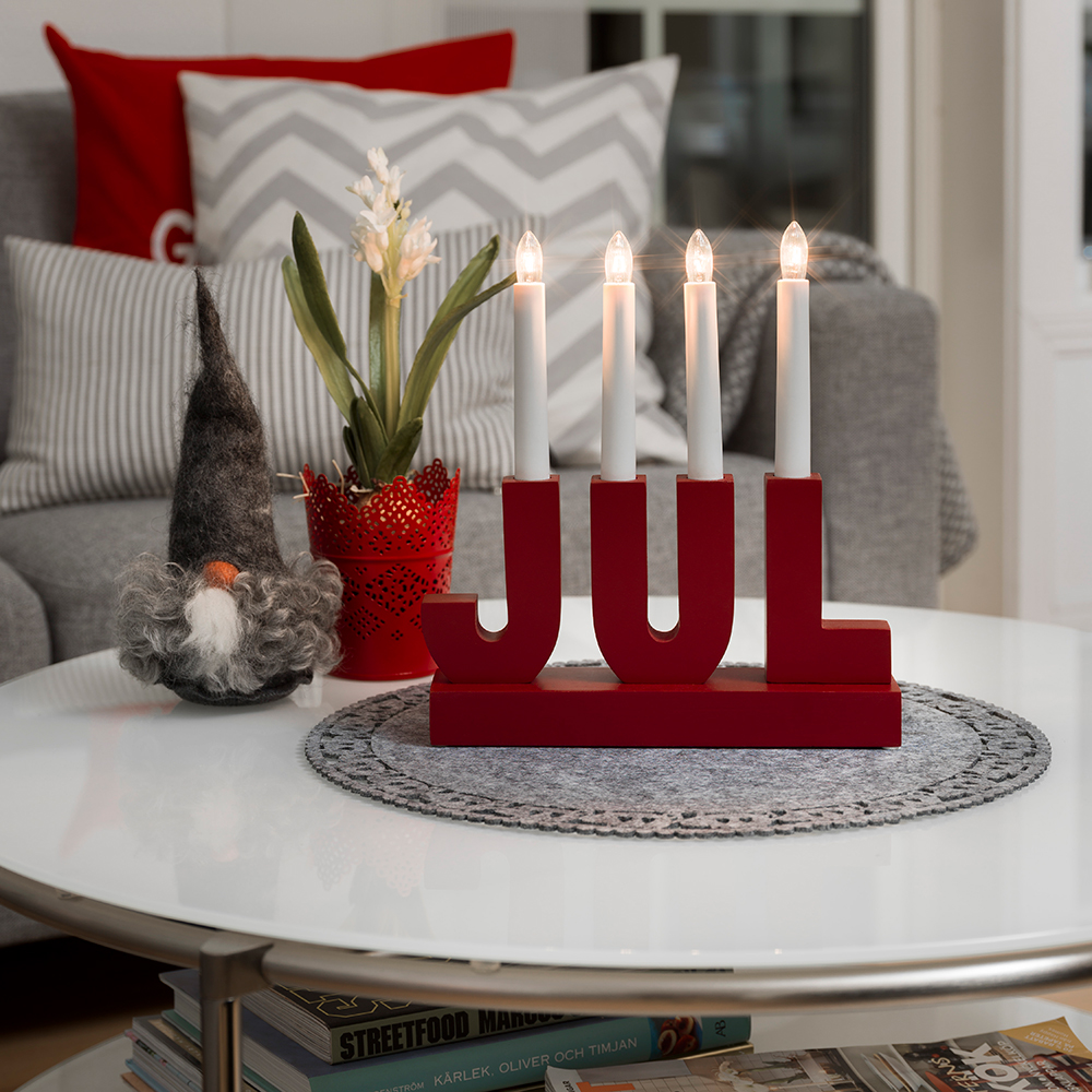 Elljusstake 4 ljus JUL trä röd 230V Röd