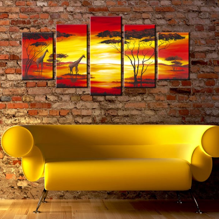 Tavla Arkiio Giraffer I Bakgrunden Med Solnedgång