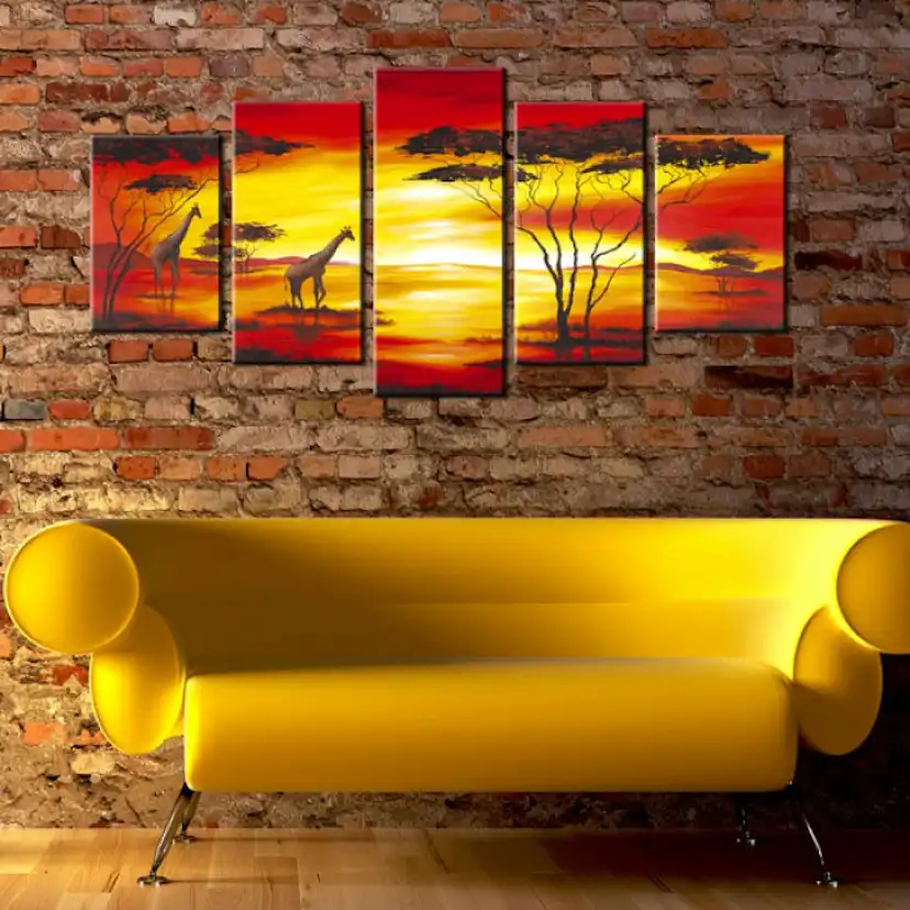 Tavla Arkiio Giraffer I Bakgrunden Med Solnedgång