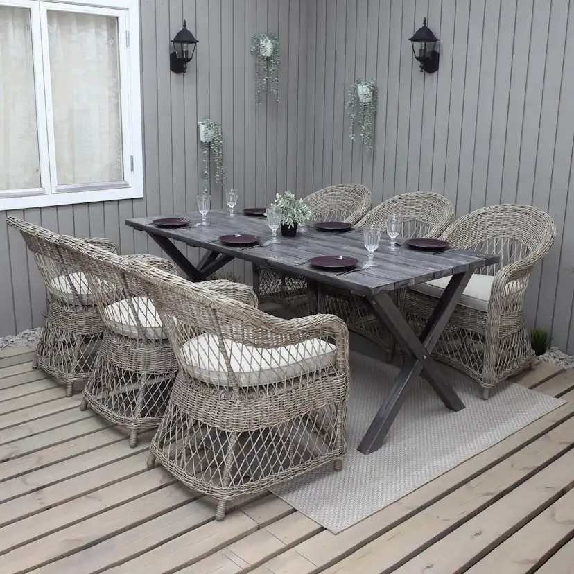 Matgrupp Utomhus Baltic Garden 190 cm bord & 6 Merida naturfärgade stolar