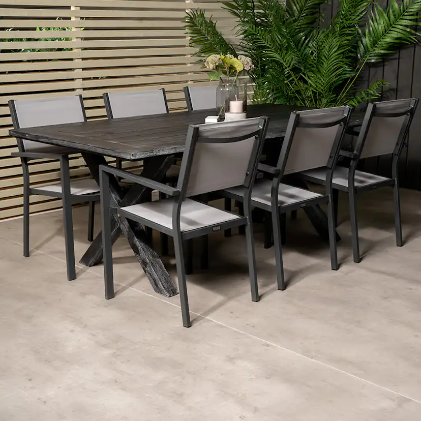 Rives bord 200*100cm-Svart Acacia+Copacabana stolSvart Alu6 Svart/Grå
