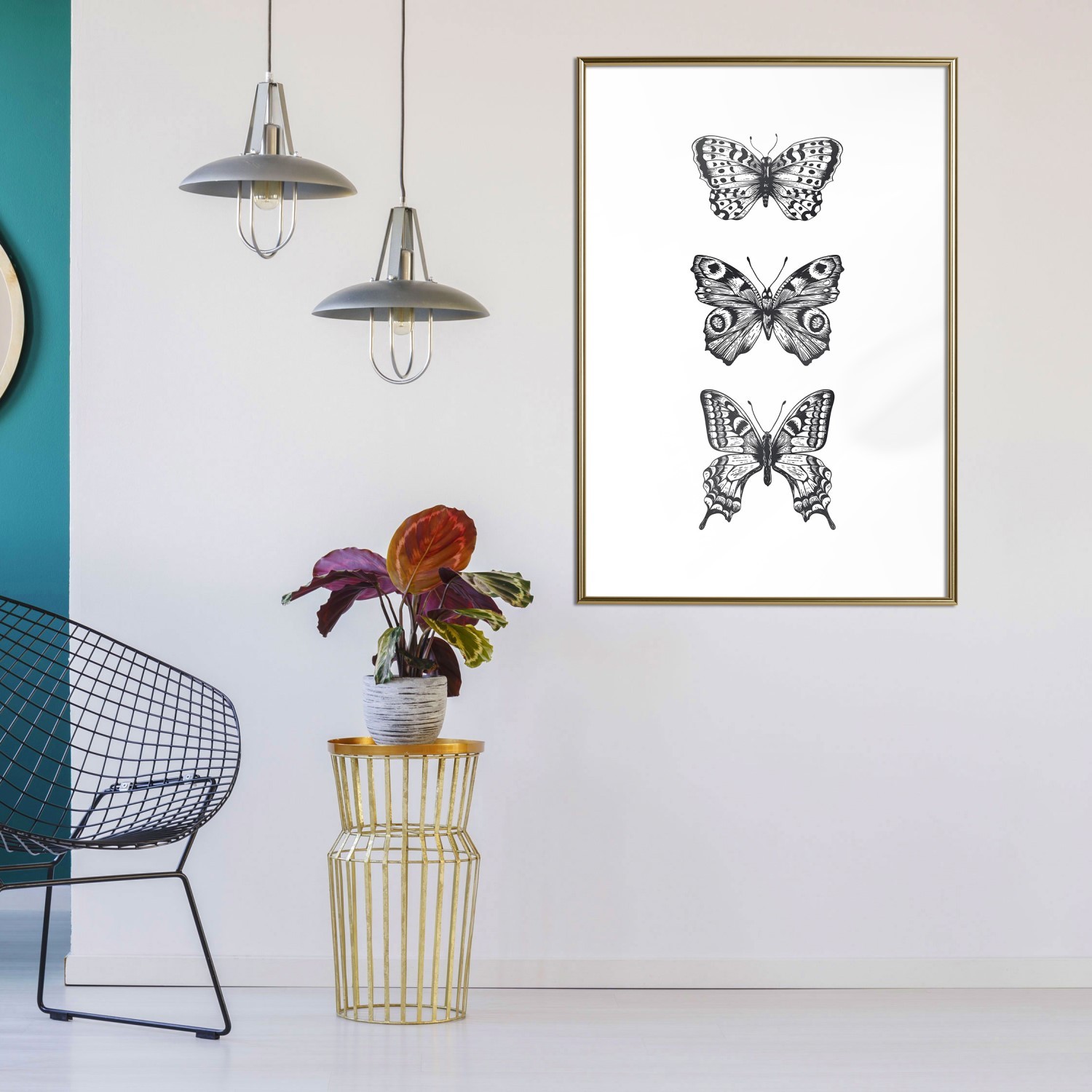 Affisch - Three Butterflies [Poster] 20x30 Guld ram, 20x30 cm