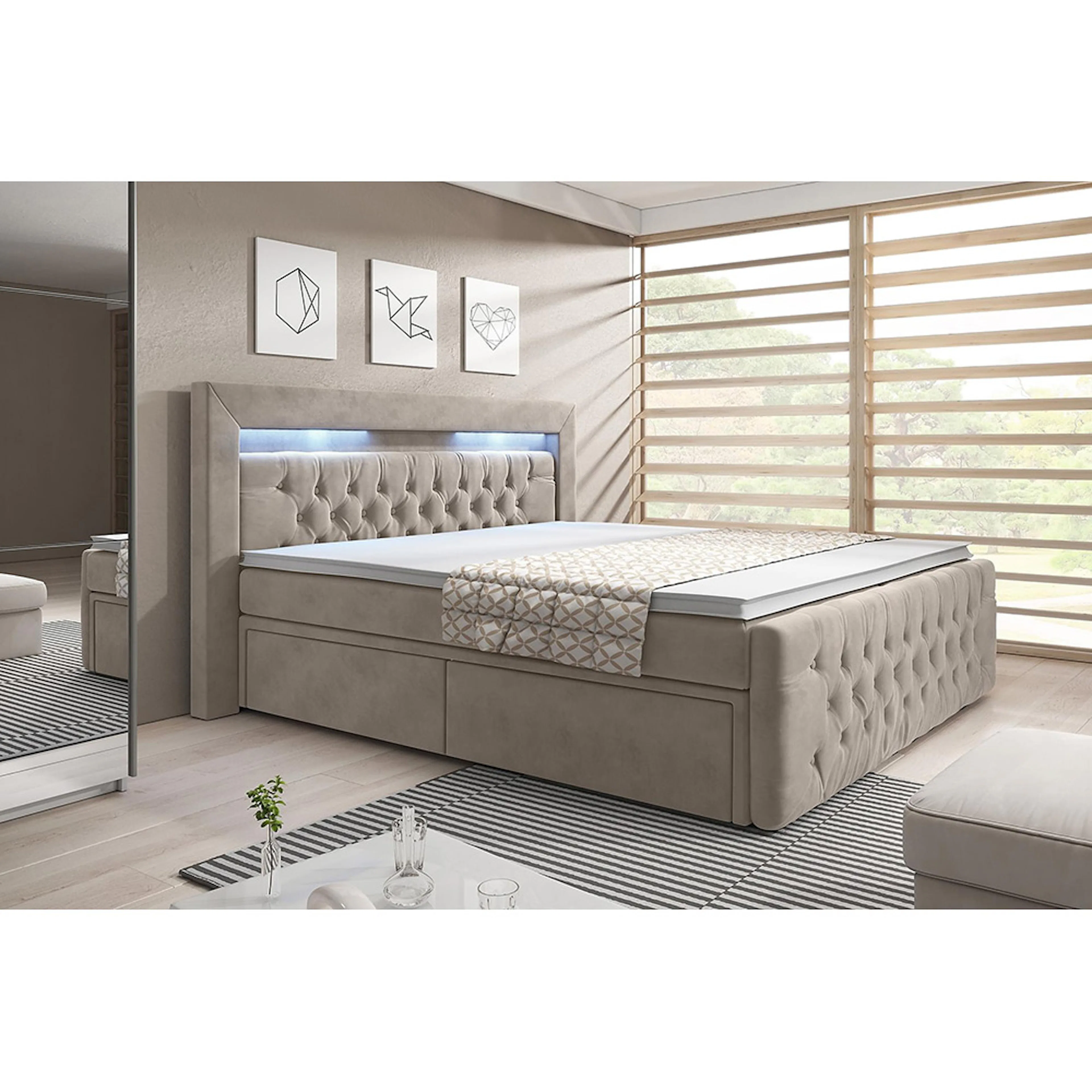 Franco Sängpaket 160x200 med Förvaring LED-belysning Beige, 160 cm