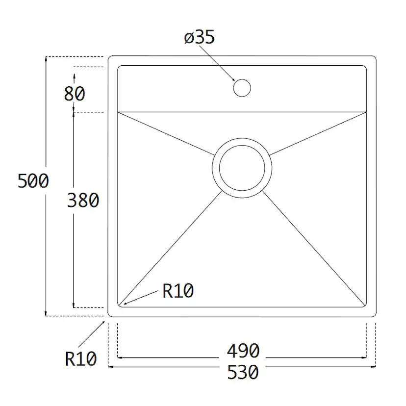 Diskho Lavabo Kubus 520 Soft 530 mm Rostfri Enkel med Korgventil & Vattenlås