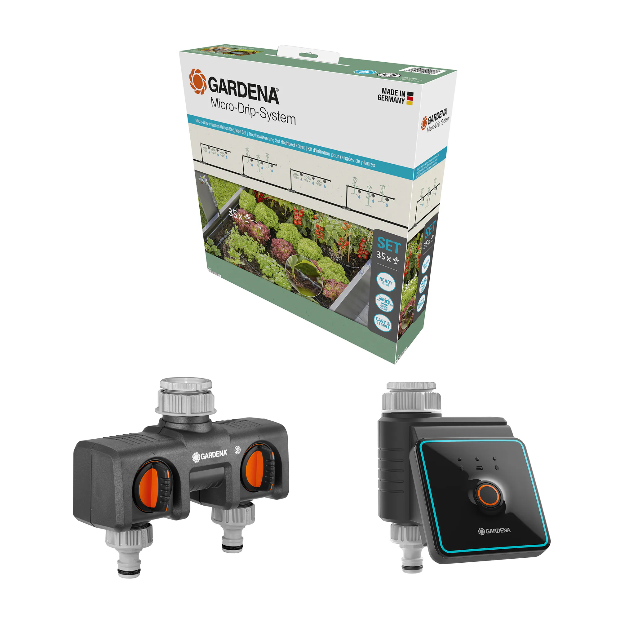 Micro-Drip Gardena Premiumpaket För Pallkrage med Vattenfördelare & Bevattningsdator