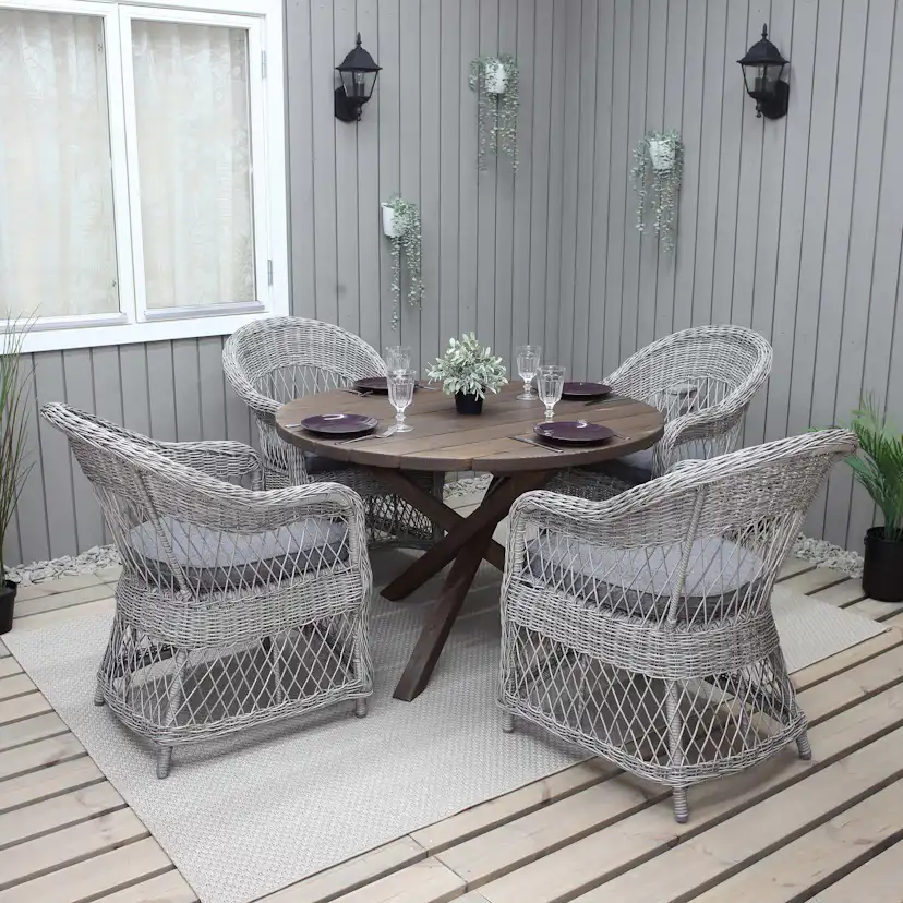 Matgrupp Utomhus Baltic Garden Ø 112 cm bord & 4 Merida grå stolar