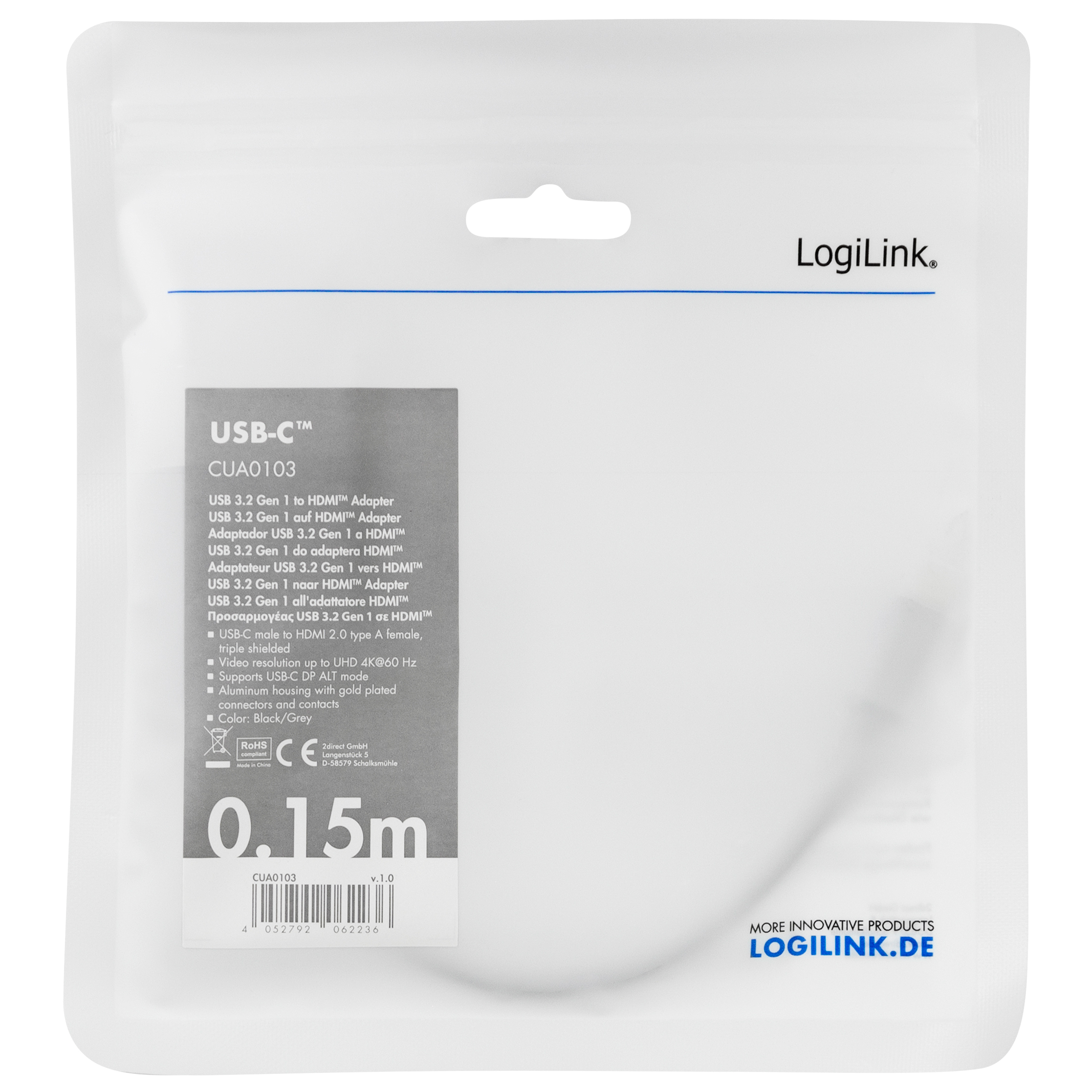 Adapter LogiLink USB-C till HDMI 4K/60Hz Aluminium 15 cm