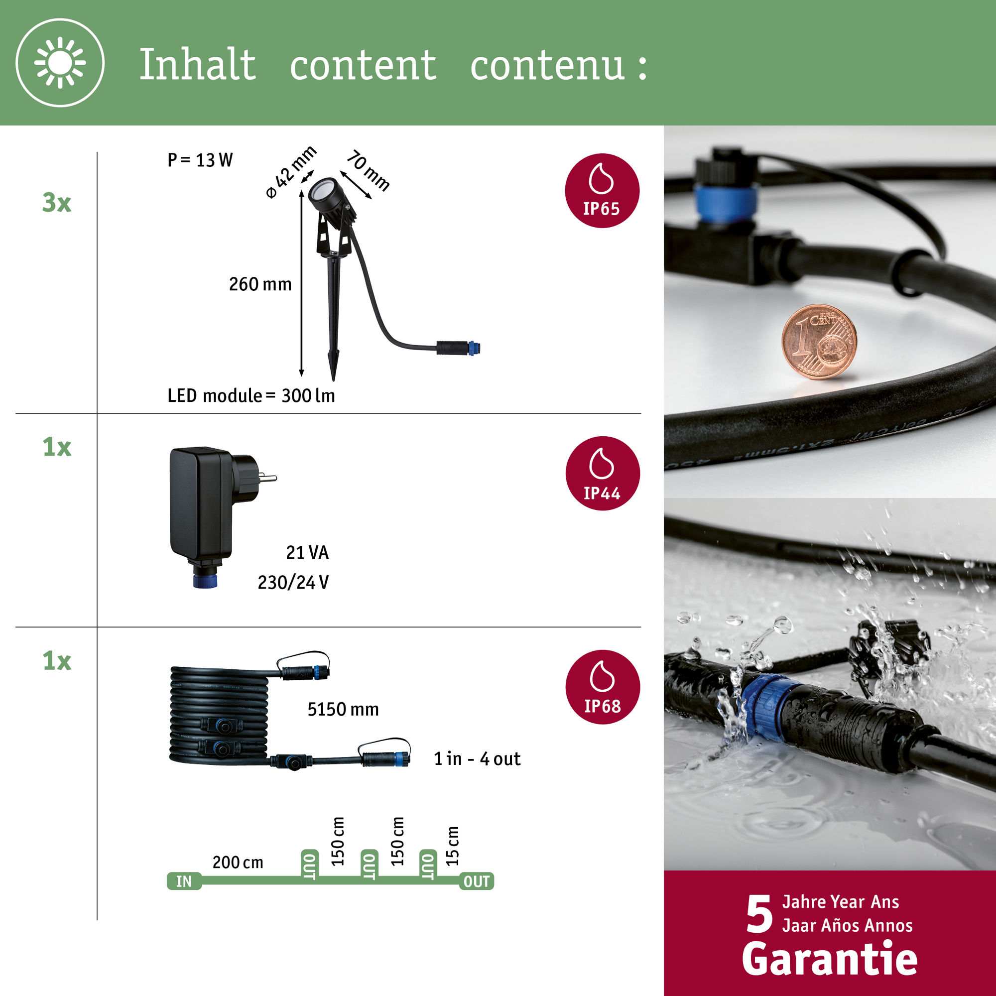 Spotlight Paulmann Basic Spot Plug & Shine LED IP65 24V 3-pack med Transformator och kabel