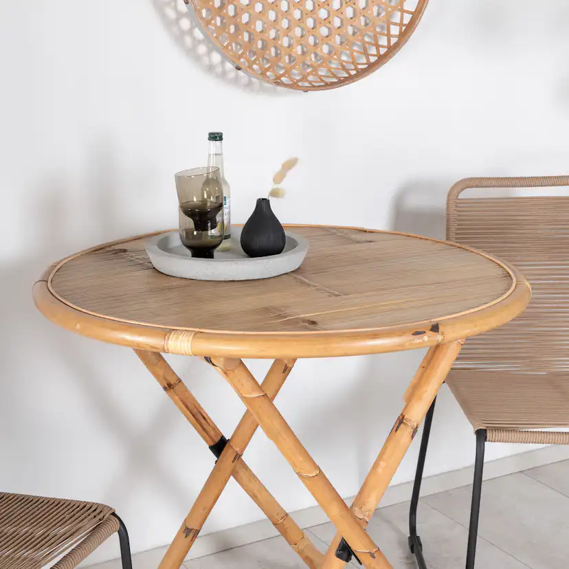 Cane Café table ø90cm - Bamboo+Lindos Stacking Chair - Black Latte