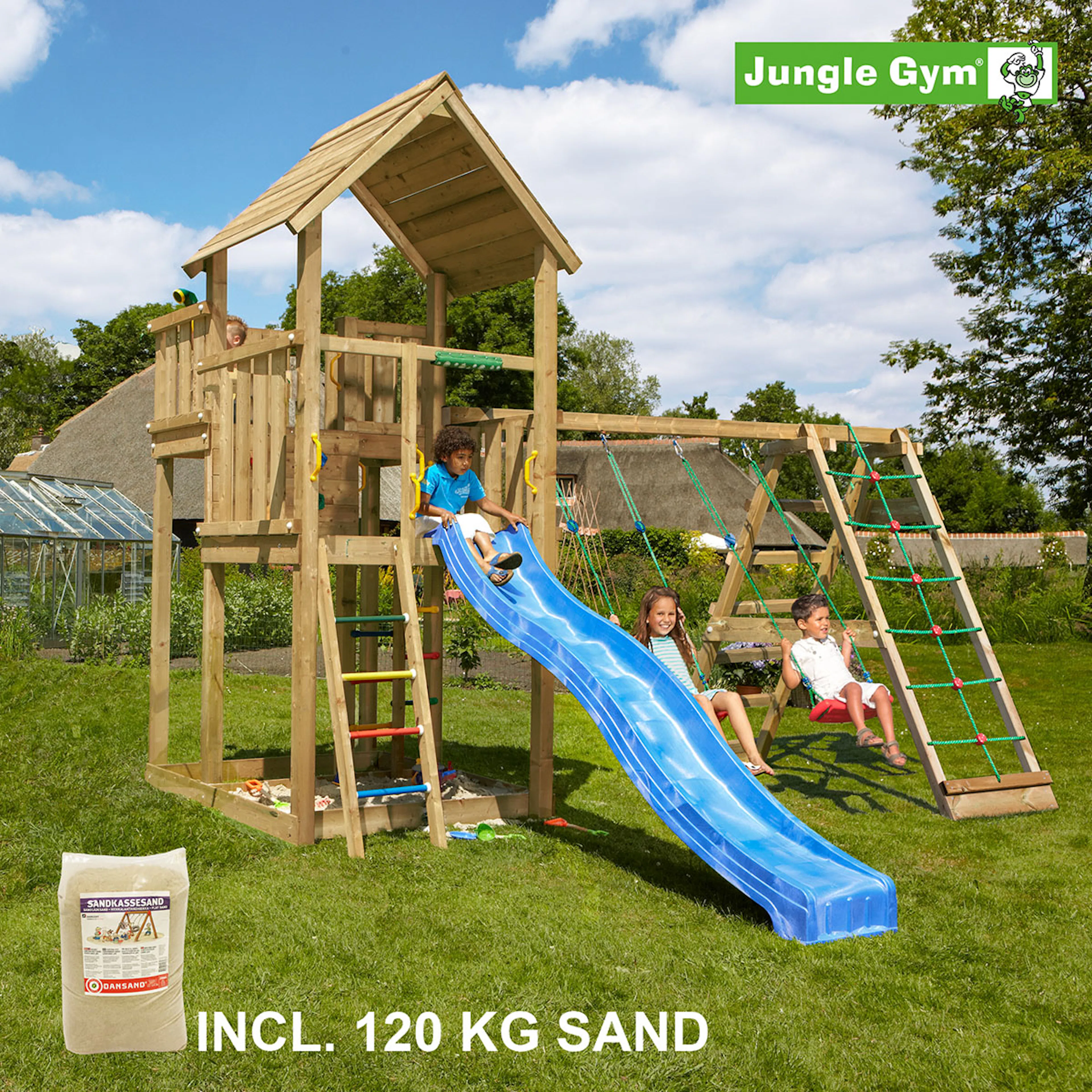 Lektorn Jungle Gym Palace Komplett Inkl Climb Modul X'tra, 120 kg Sand, Rutschkana och Klättervägg