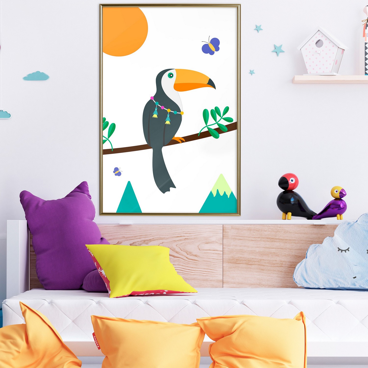 Affisch - Toucan And Butterflies [Poster] 40x60 Guld ram, 40x60 cm