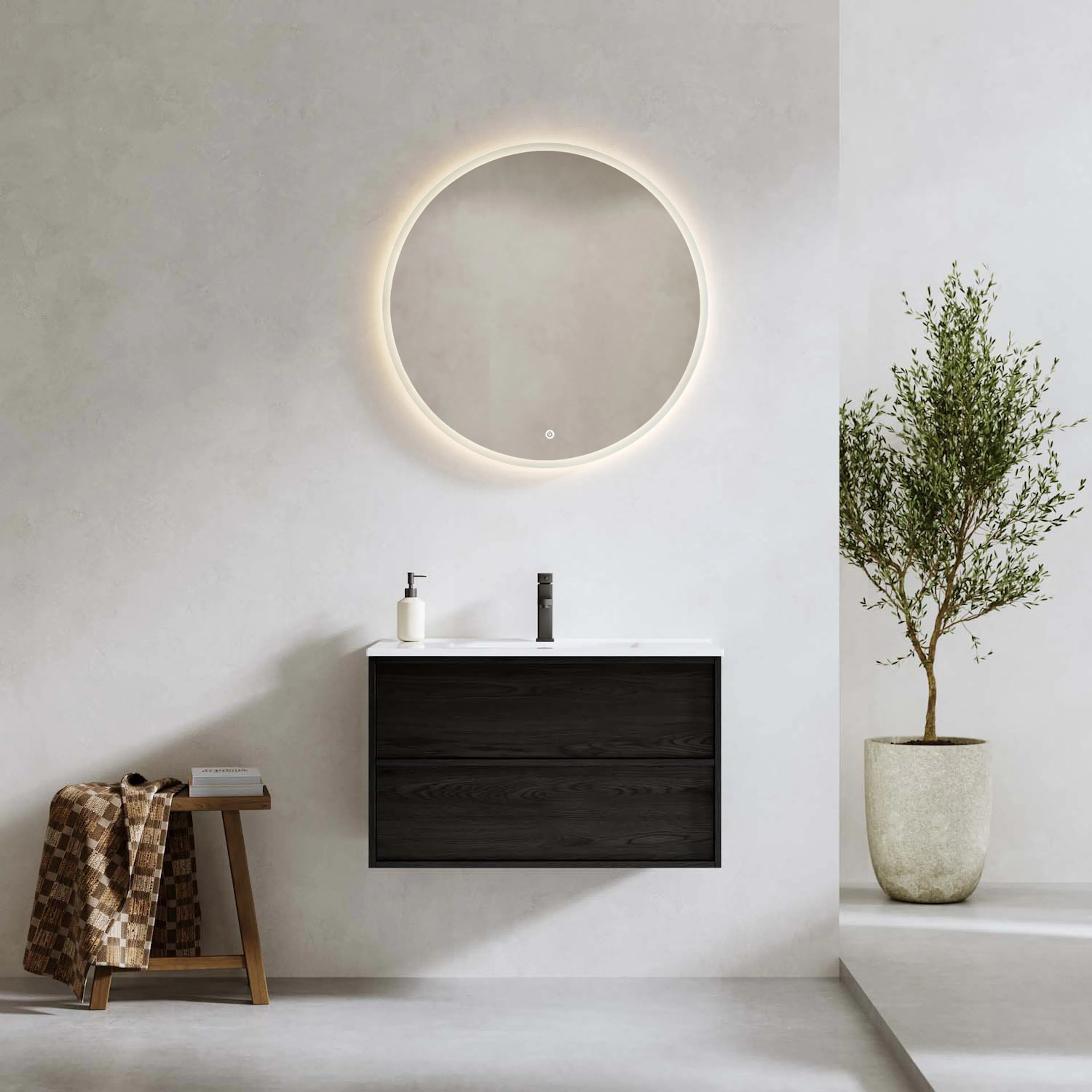 TVÄTTSTÄLLSSKÅP CHARM SVART EK MED TVÄTTSTÄLL OCH SPEGEL SKI Svart Ek, Bredd: 810 mm, Djup: 465 mm