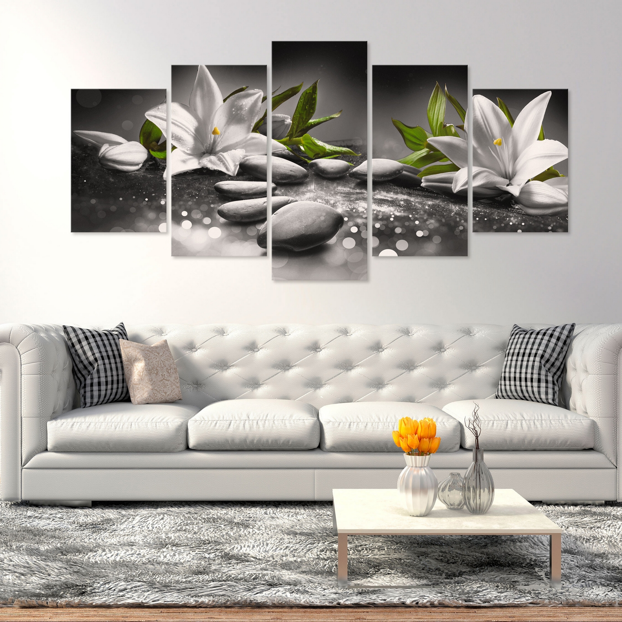 Tavla Arkiio Lilies And Stones Wide Grey 5 delar