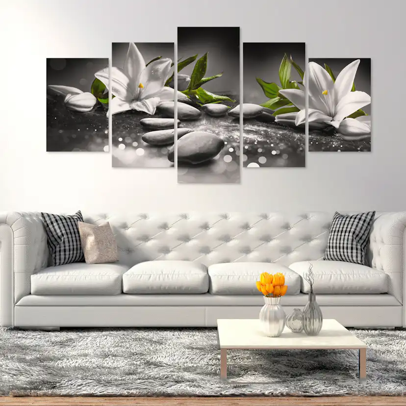 Tavla Arkiio Lilies And Stones Wide Grey 5 delar