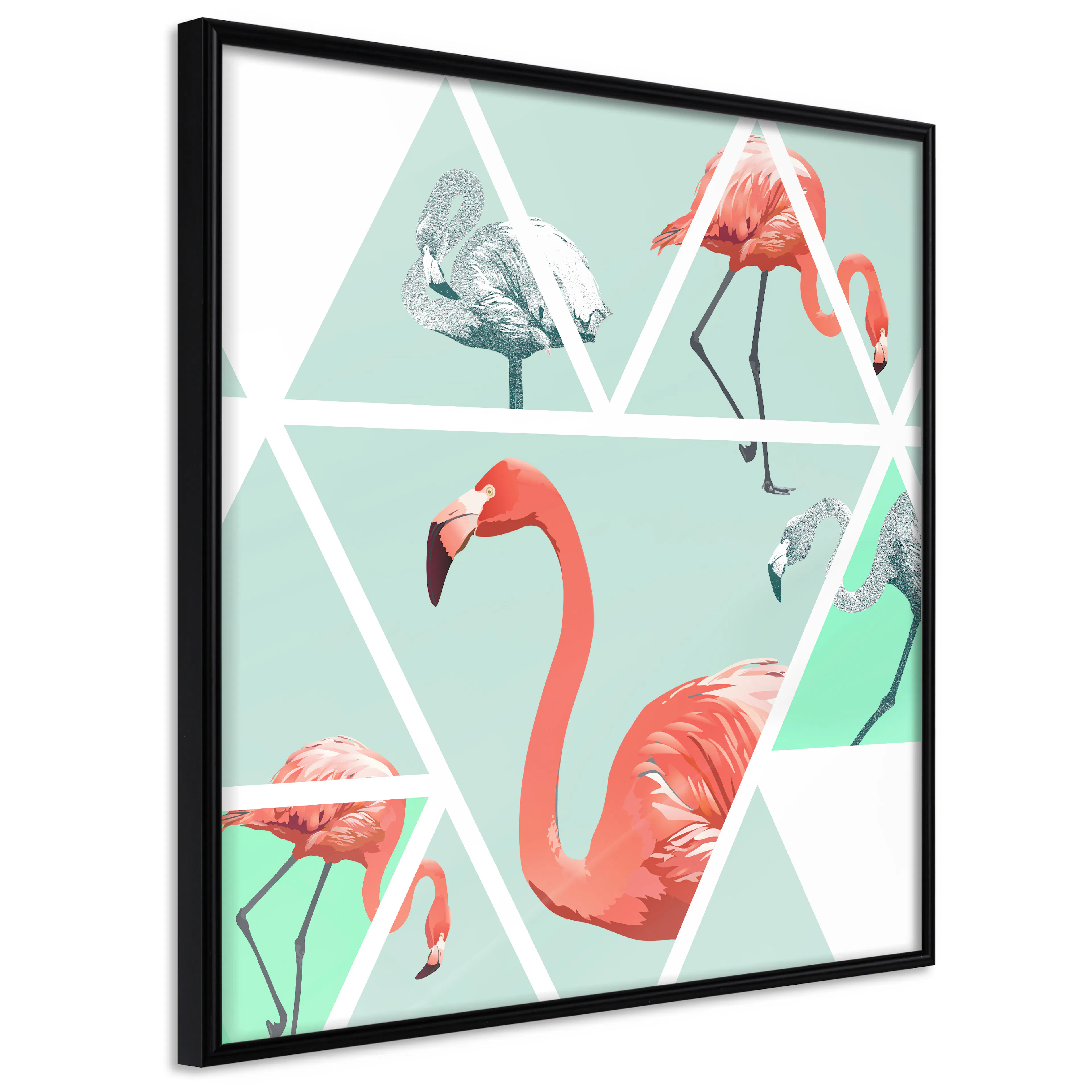 Affisch - Geometric Flamingos - Square [Poster] 20x20 Svart ram, 20x20 cm