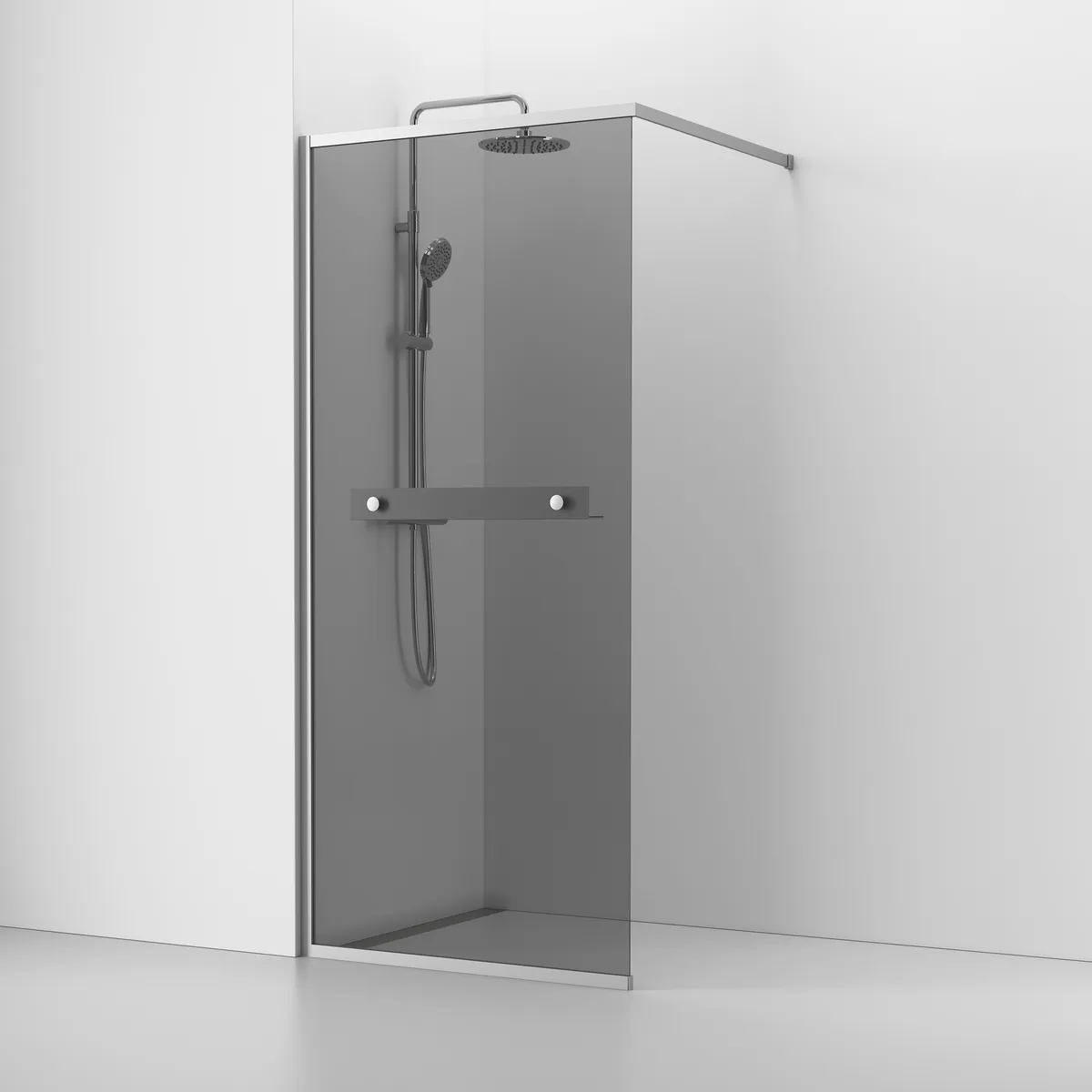 Langfoss Skärmvägg Rak/Fast 90x200 Alu Matt/Rök Hylla B: 900 mm, H: 2000 mm, Profil: Matt Aluminium, Rökglas, Med Hylla