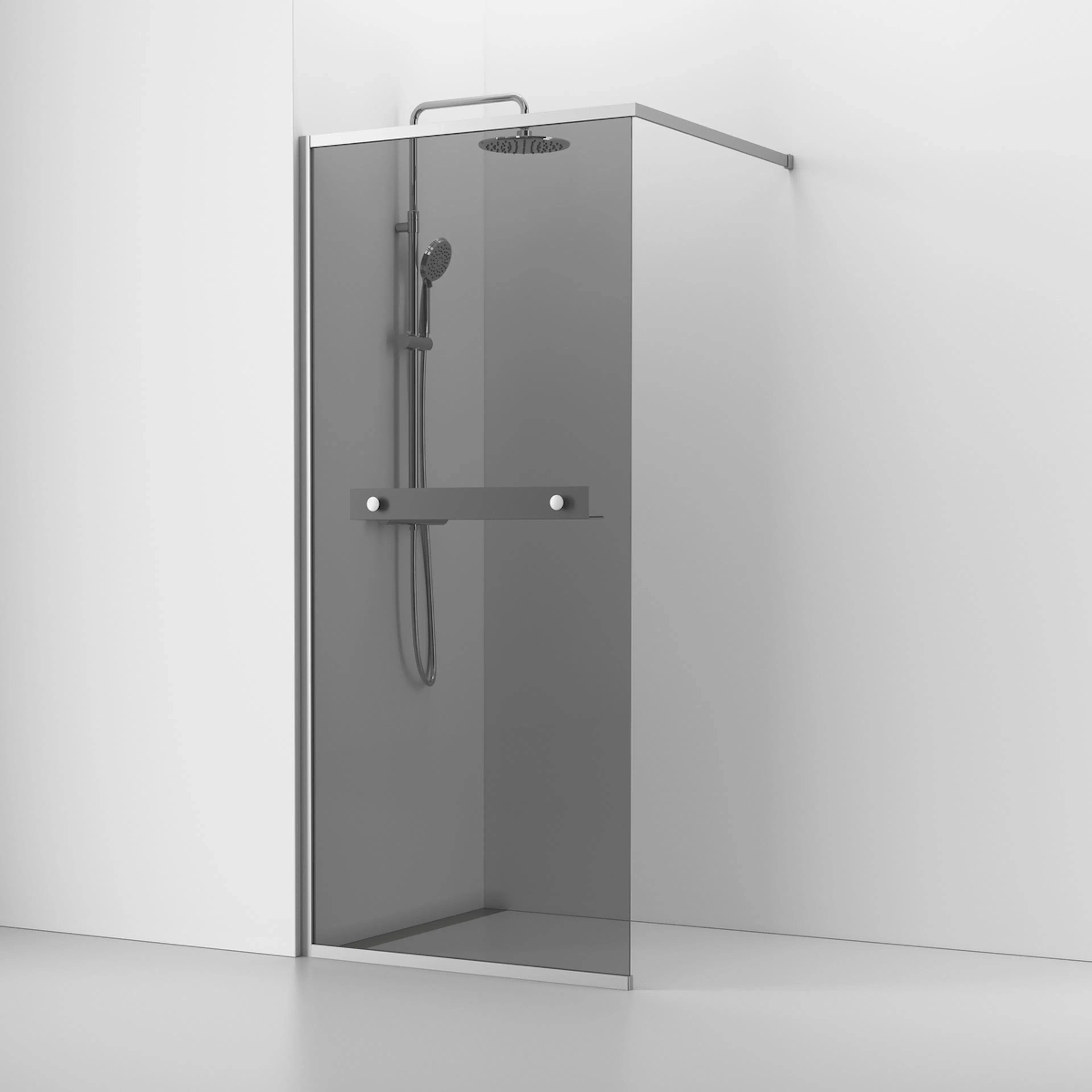 Langfoss Skärmvägg Rak/Fast 90x200 Alu Matt/Rök Hylla B: 900 mm, H: 2000 mm, Profil: Matt Aluminium, Rökglas, Med Hylla
