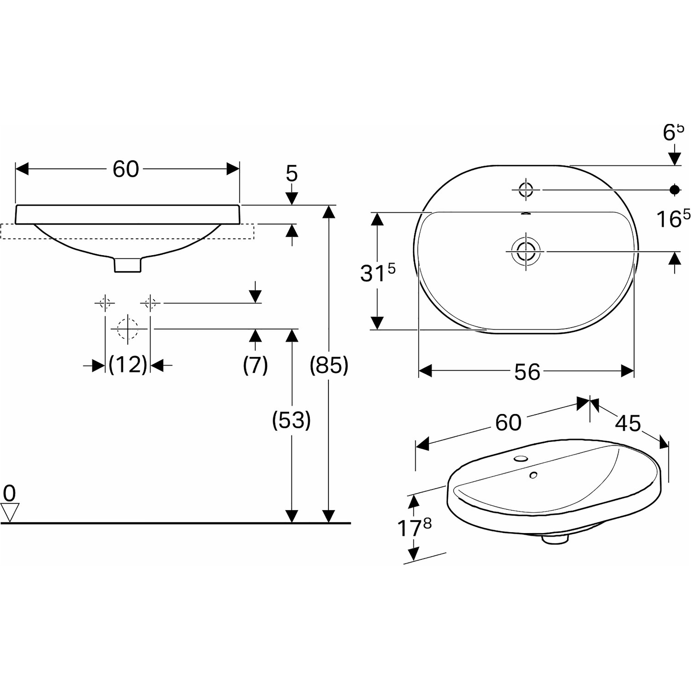 Tvättställ Geberit Variform 600 mm Infälld Elliptiskt Kanthylla