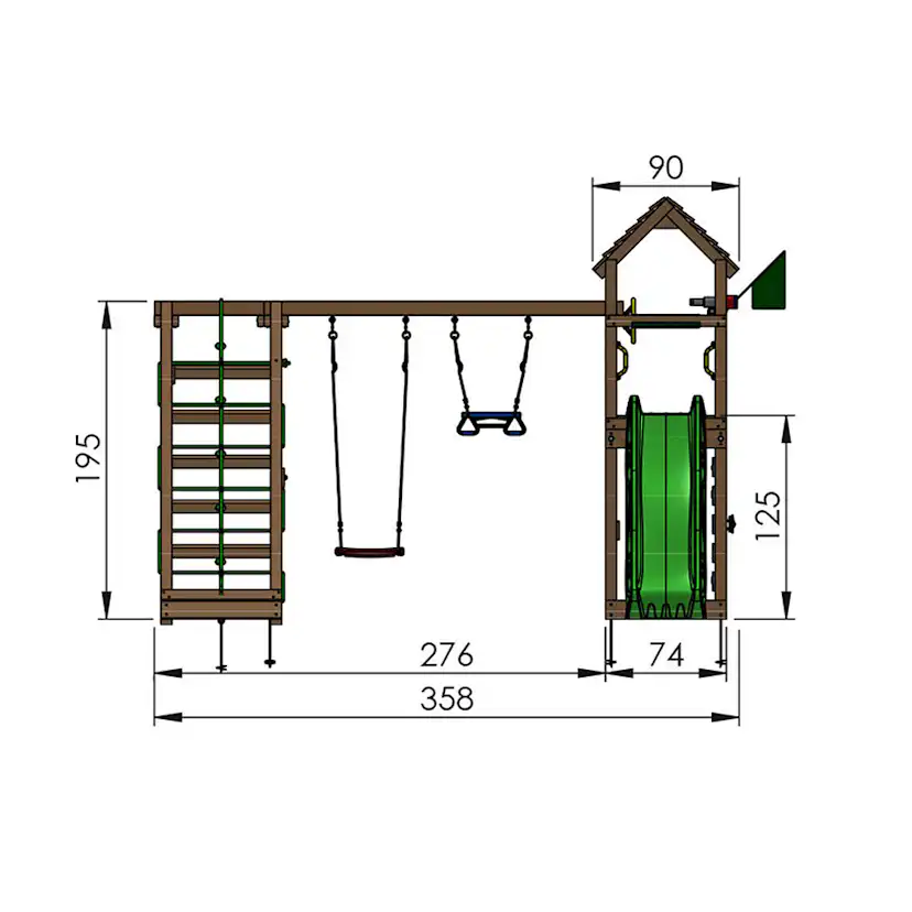 Jungle Gym Cocoon med klätterställning, 2 gungor och mörkgrö Grön