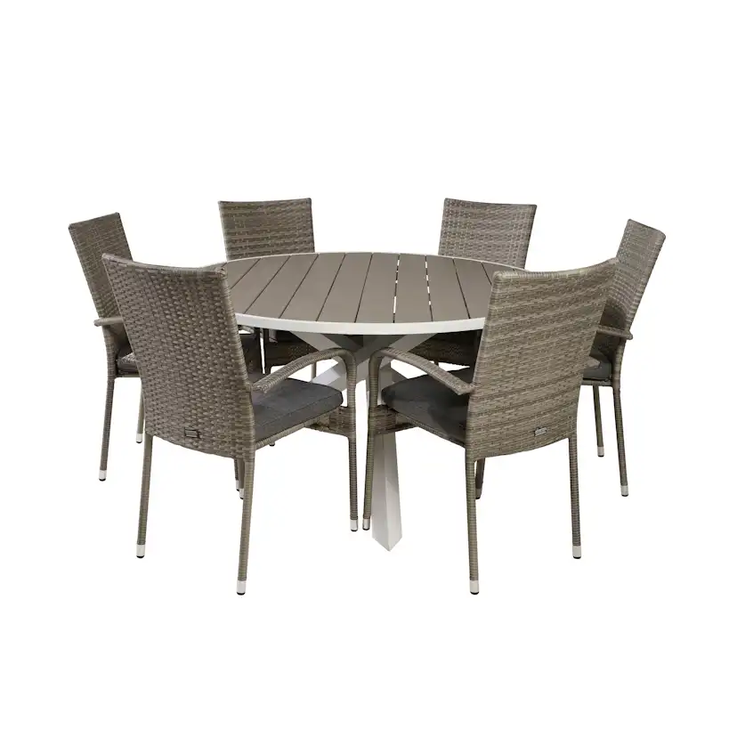 Parma Bord140-Vit Alu/Grå Aintwood+Anna stol(stackable)-Grå6 Grå