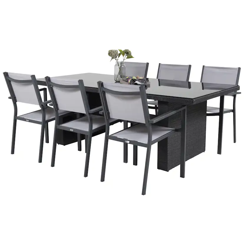 Padova bord 200*100Svart+Copacabana stolSvart Alu/GråTextil6 Svart/Grå