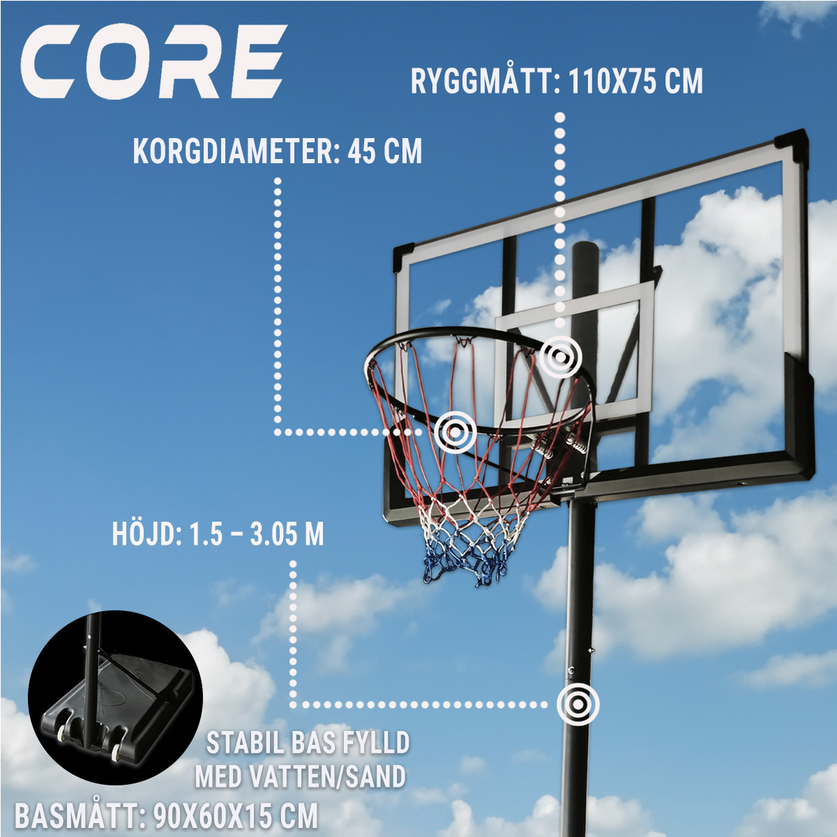Basketkorg Core 1,5-3,05m