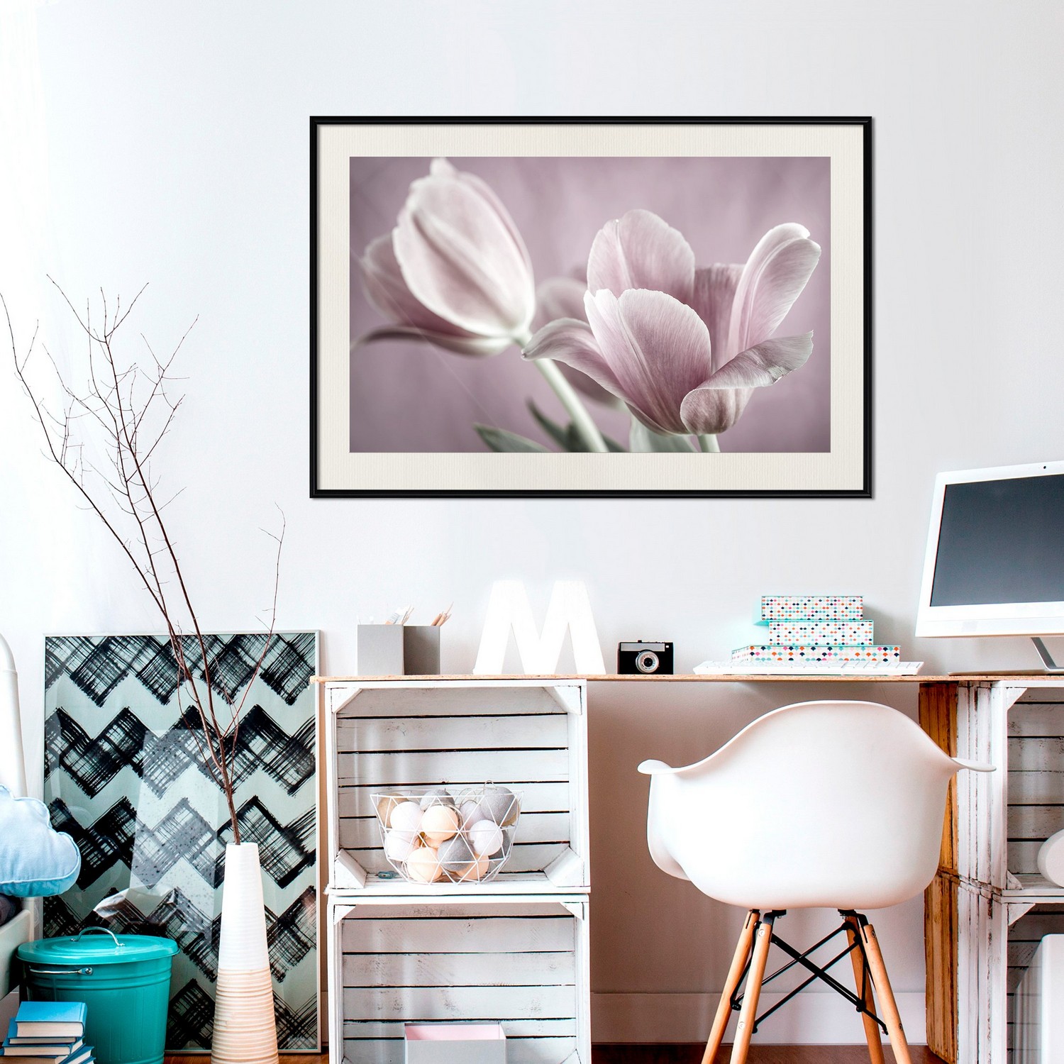 Affisch - Pink Tulips [Poster] 30x20 Svart ram med passepartout, 30x20 cm