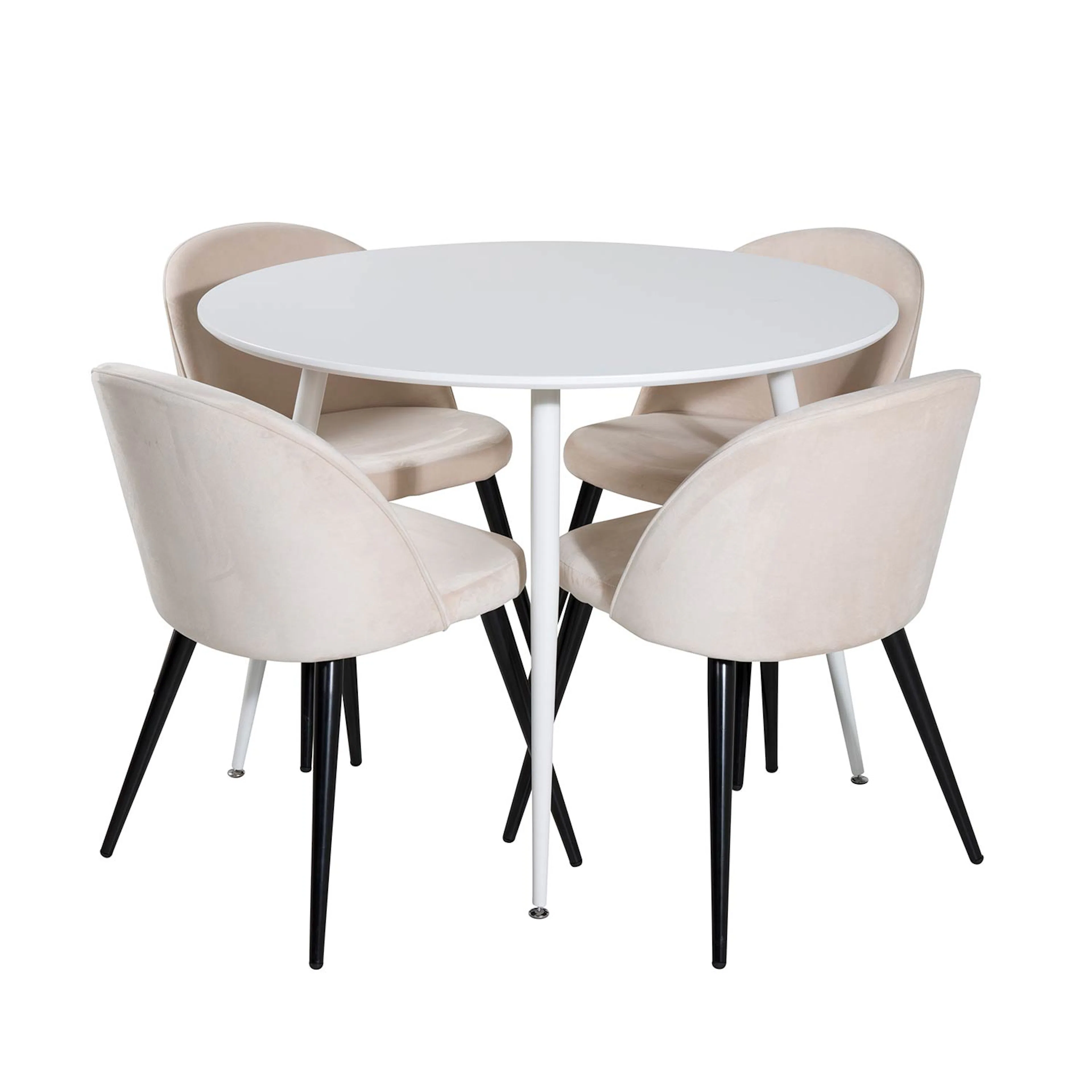 Plaza Round Table - White top /Velvet Chair - Beige /Black_4 Vit/Beige/Svart