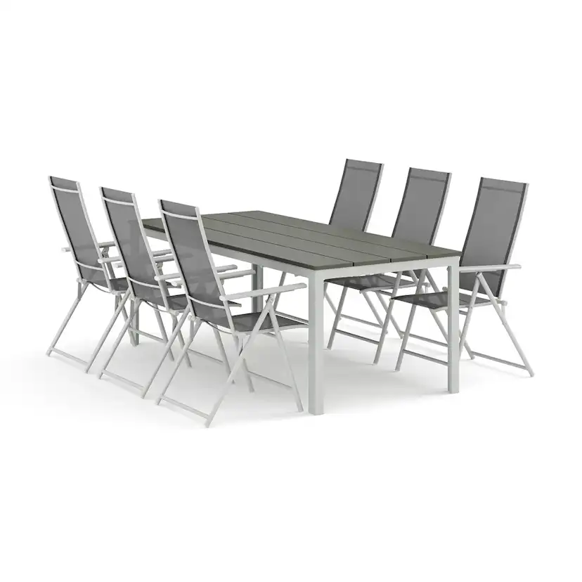 Trädgårdsgrupp Comfort Garden Tunis utomhus matgrupp 205x90 cm med 6 Sanna positionsstolar