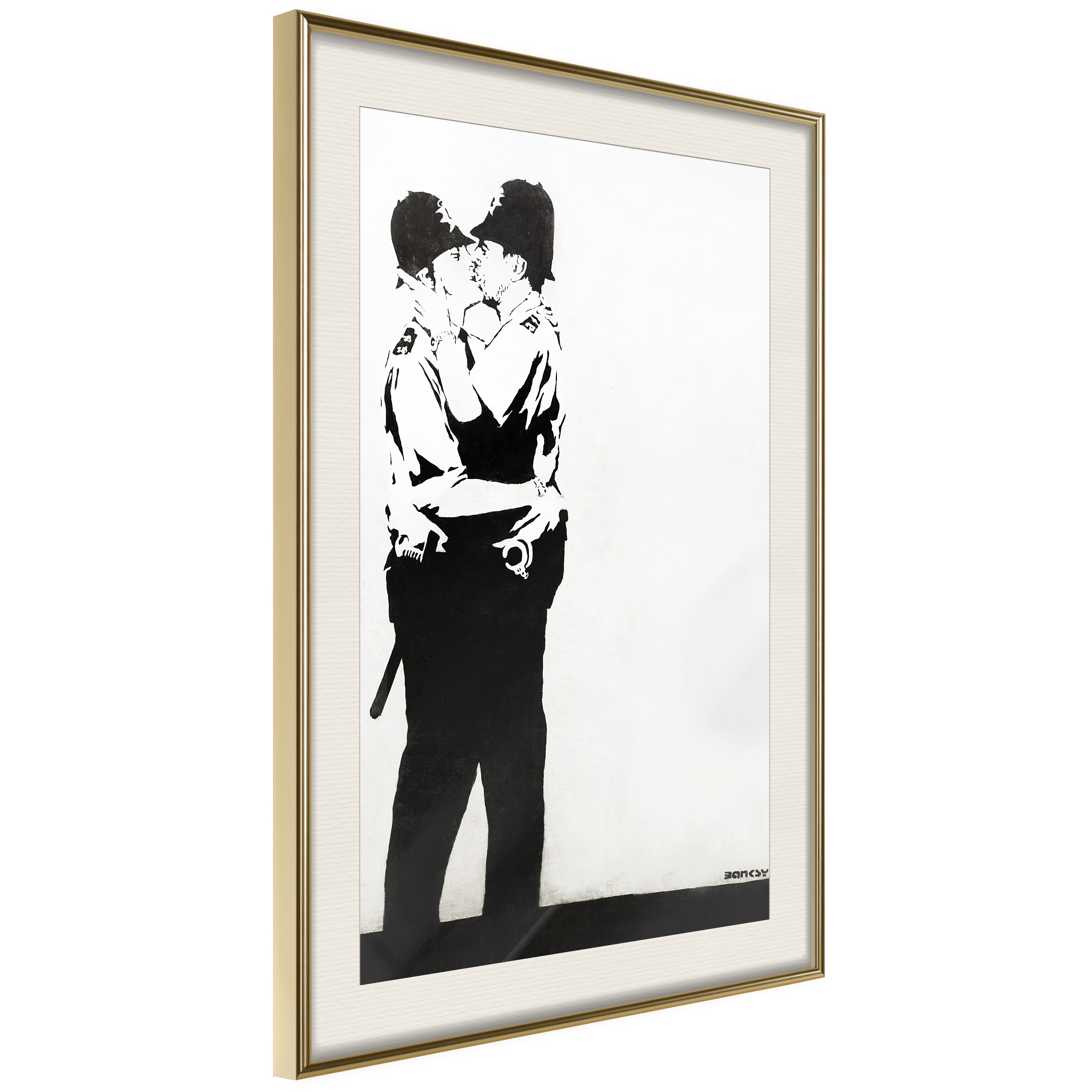 Affisch - Policemen Kissing [Poster] 30x45 Guld ram med passepartout, 30x45 cm