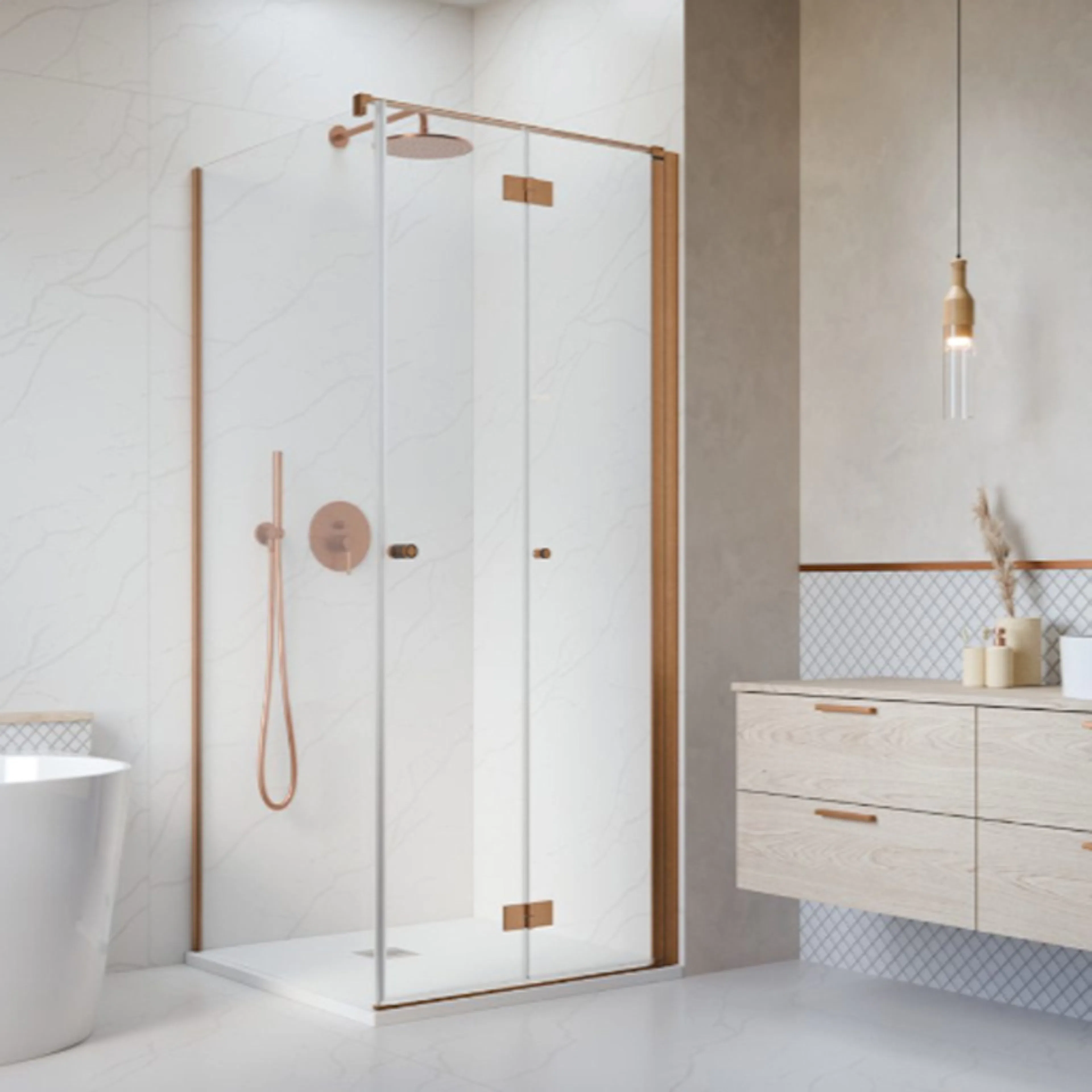 Noma 195 fast vägg med vikdörr, 900 mm höger 6 mm glas, bors 880x880 mm, Borstad Koppar