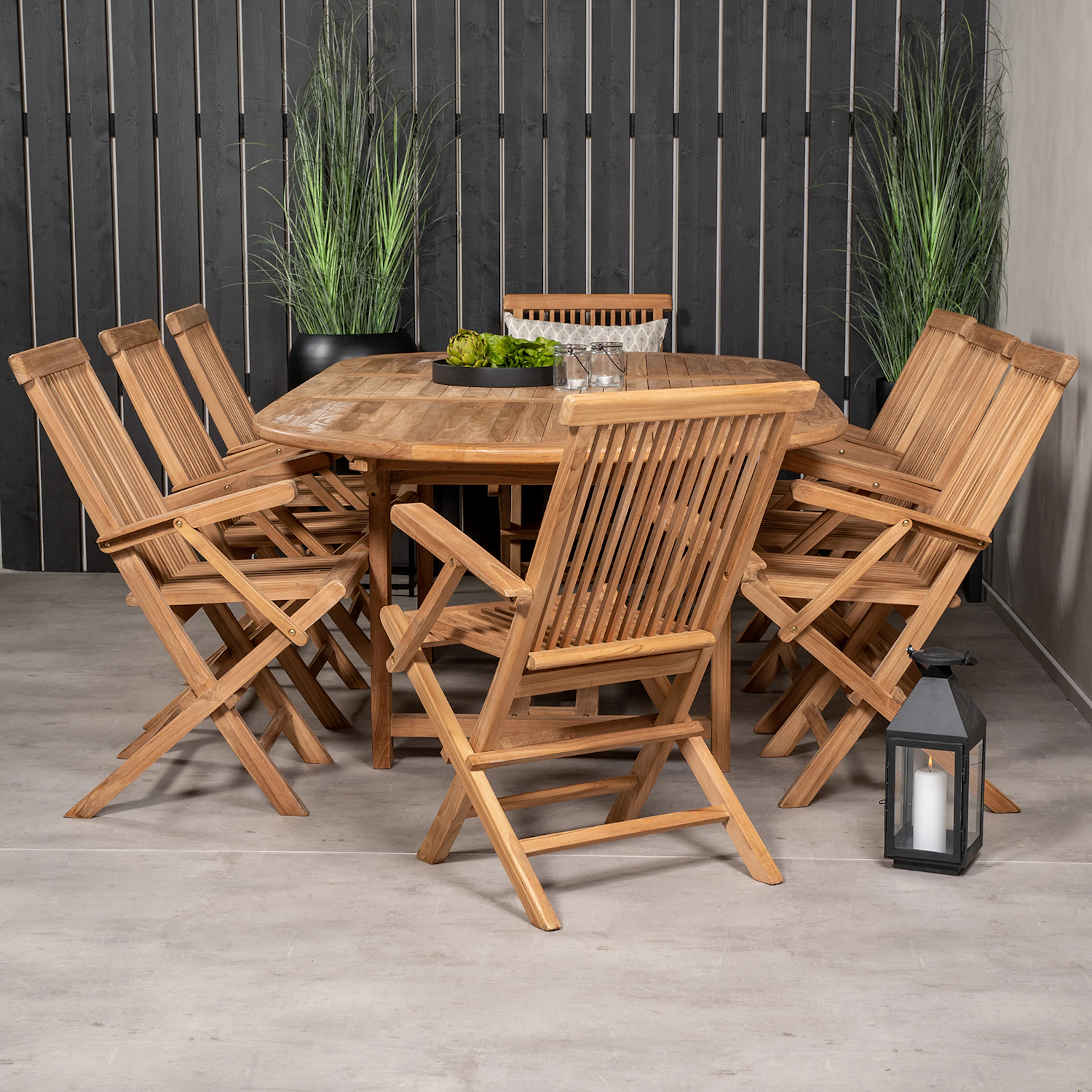 Matgrupp Venture Home Kenya 180-240x120 Teak med 8 Fällbara Stolar med Armstöd