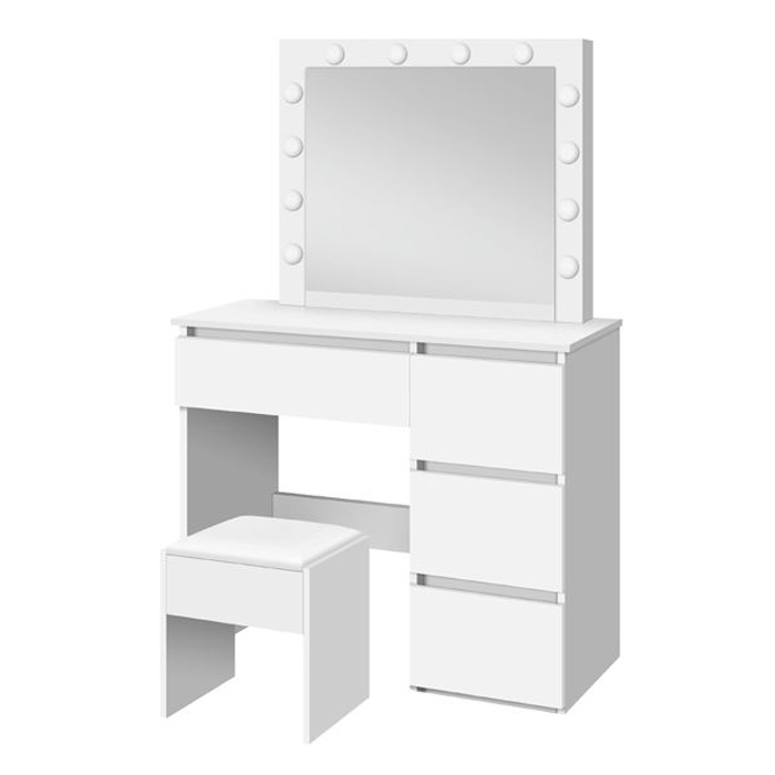 Sminkbord Lykke Amelia Vit med Spegel, Belysning Pall & Lådor