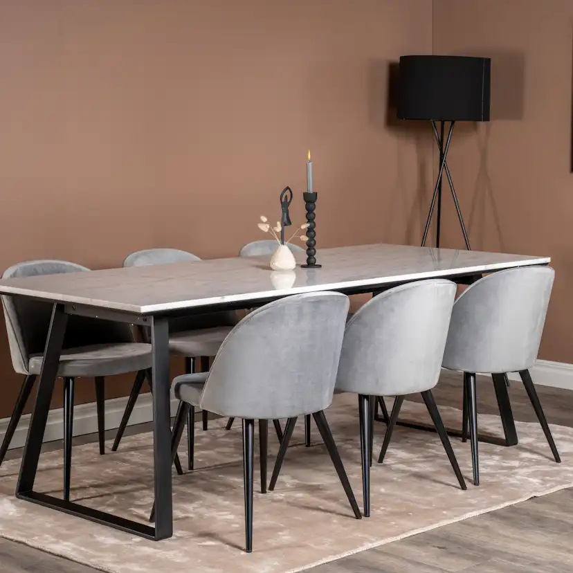 Estelle Matbord - Svart / Vit Marmor - 200*90*H76+Velvet Mat Vit/Ljusgrå
