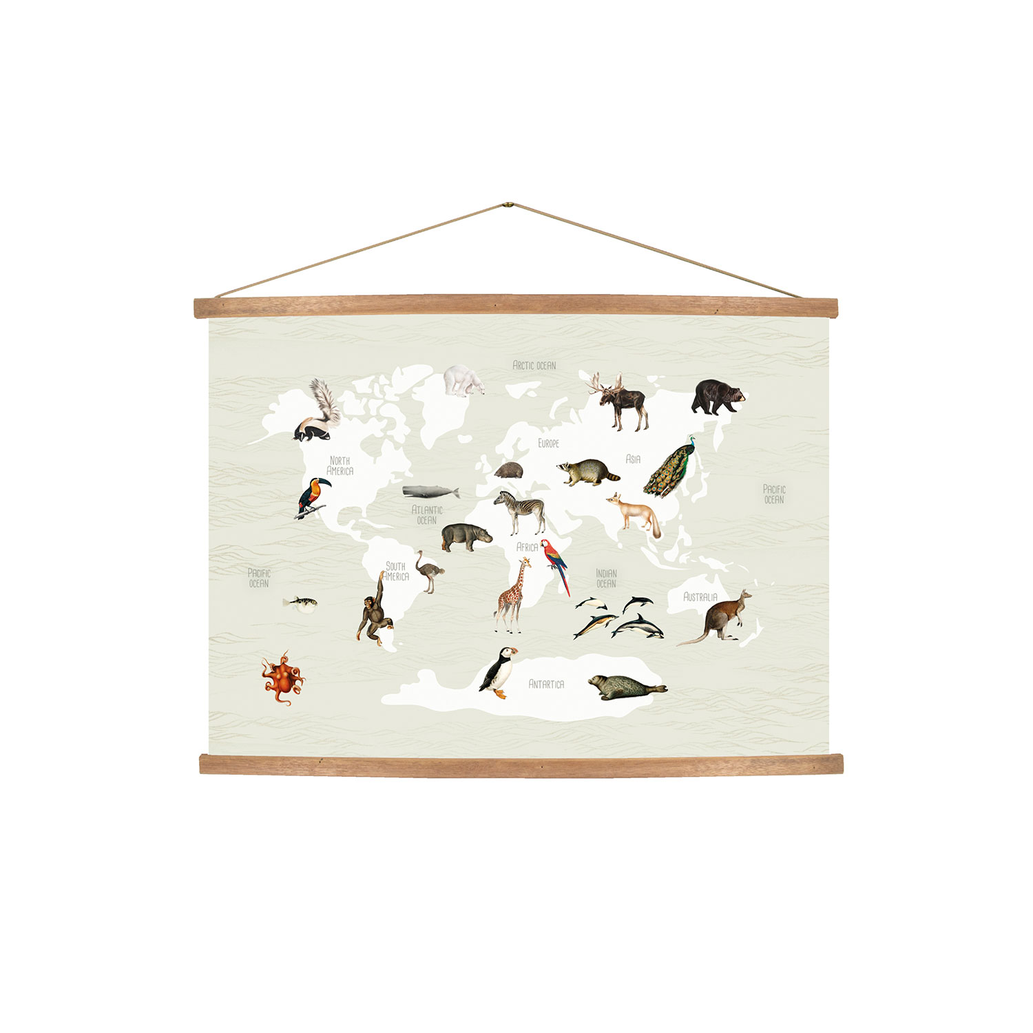 Hängande Affisch Art for the Home World Map Animals 70x100
