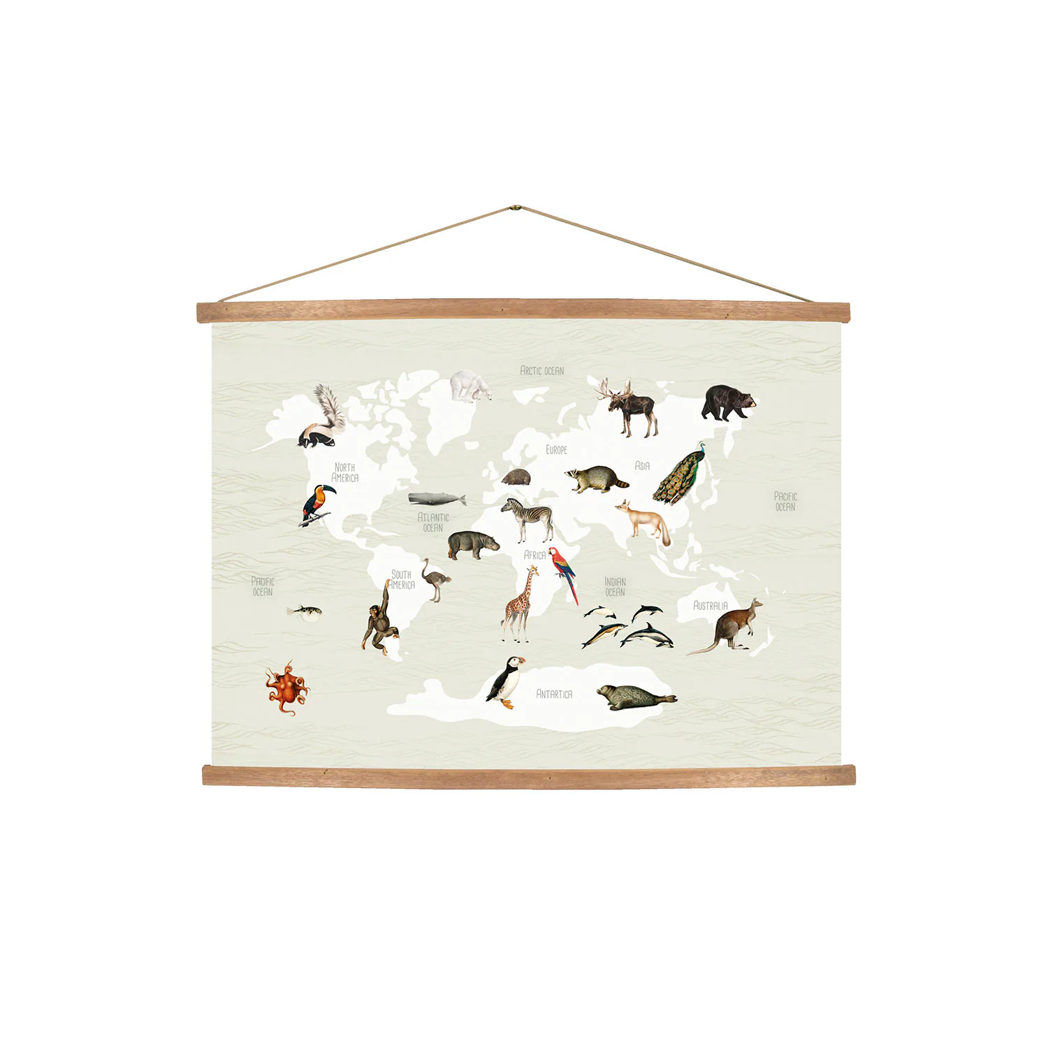 Hängande Affisch Art for the Home World Map Animals 70x100