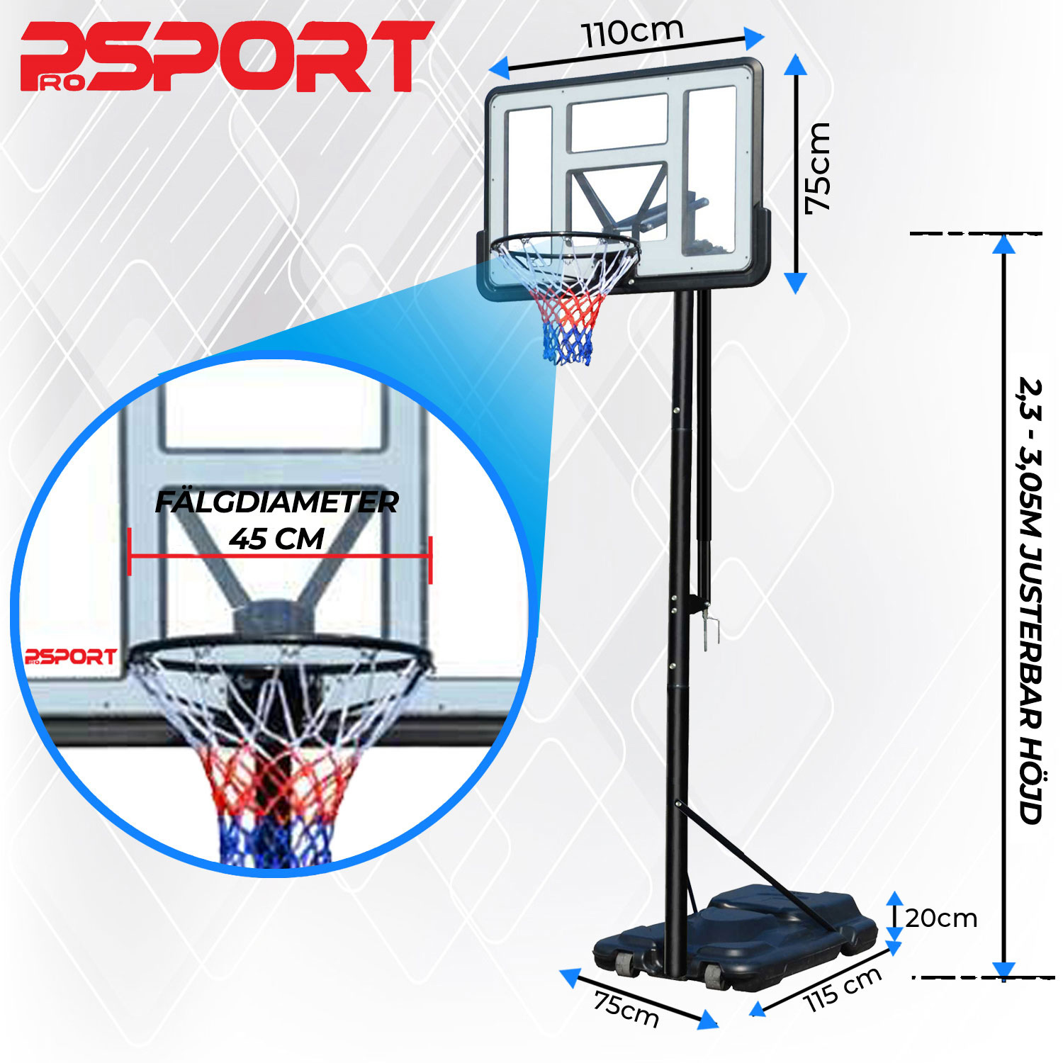 Basketställning ProSport Premium Justerbar Basketkorg 2,3-3,05m