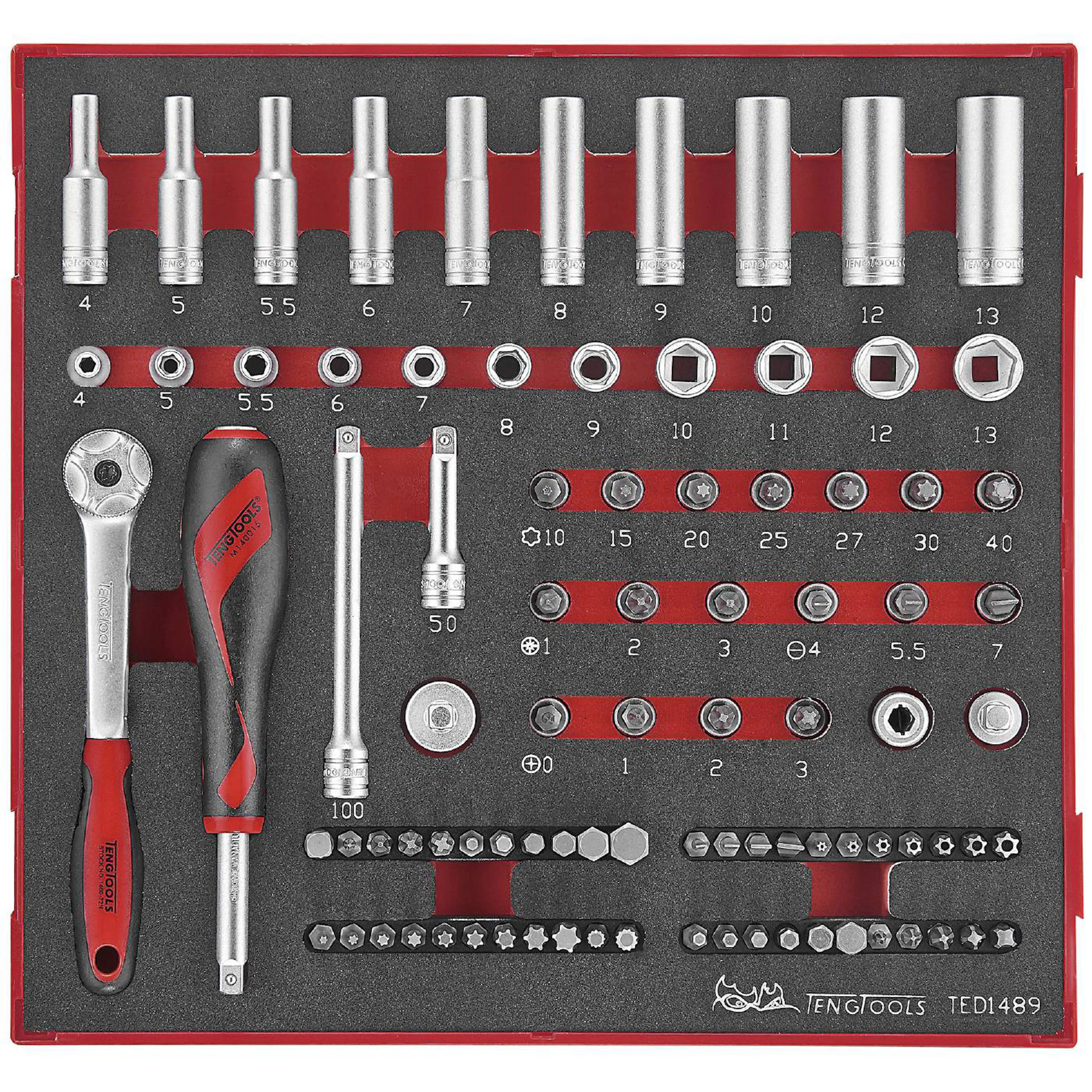 Hylsnyckelsats 89 delar med 1/4 tum fyrkantsfäste Teng Tools TED1489
