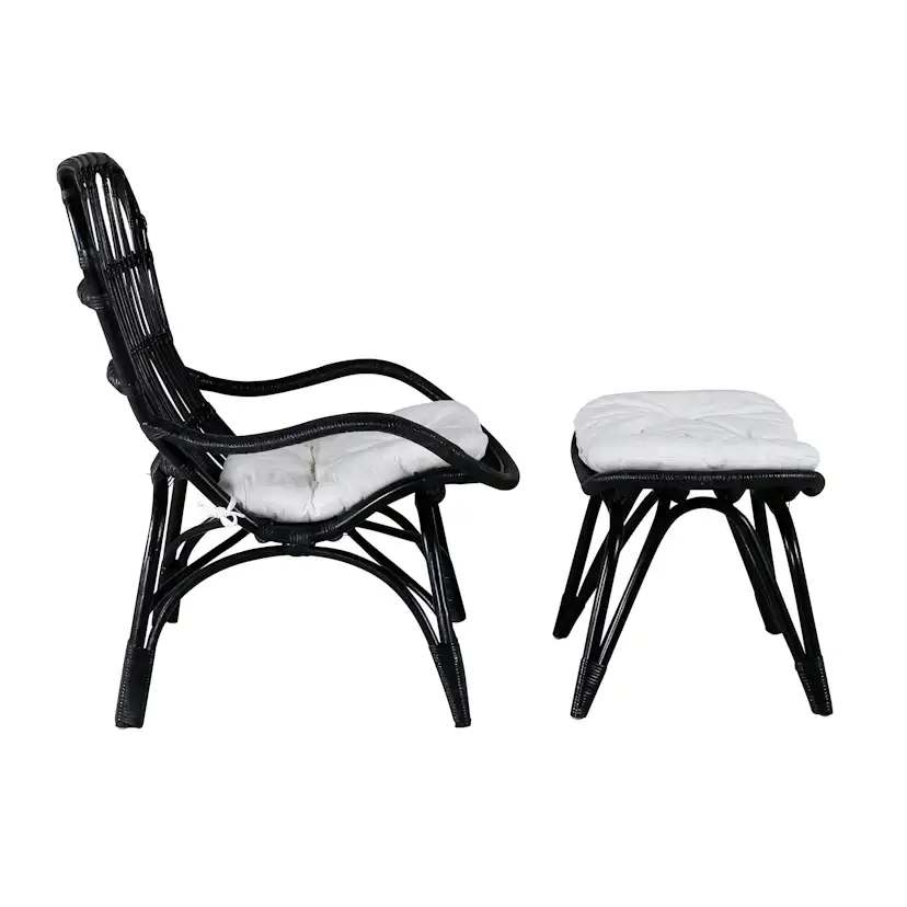 Ella Lounge Chair - BLACK rattan / Offwhite Cushion. inc. Ot Svart