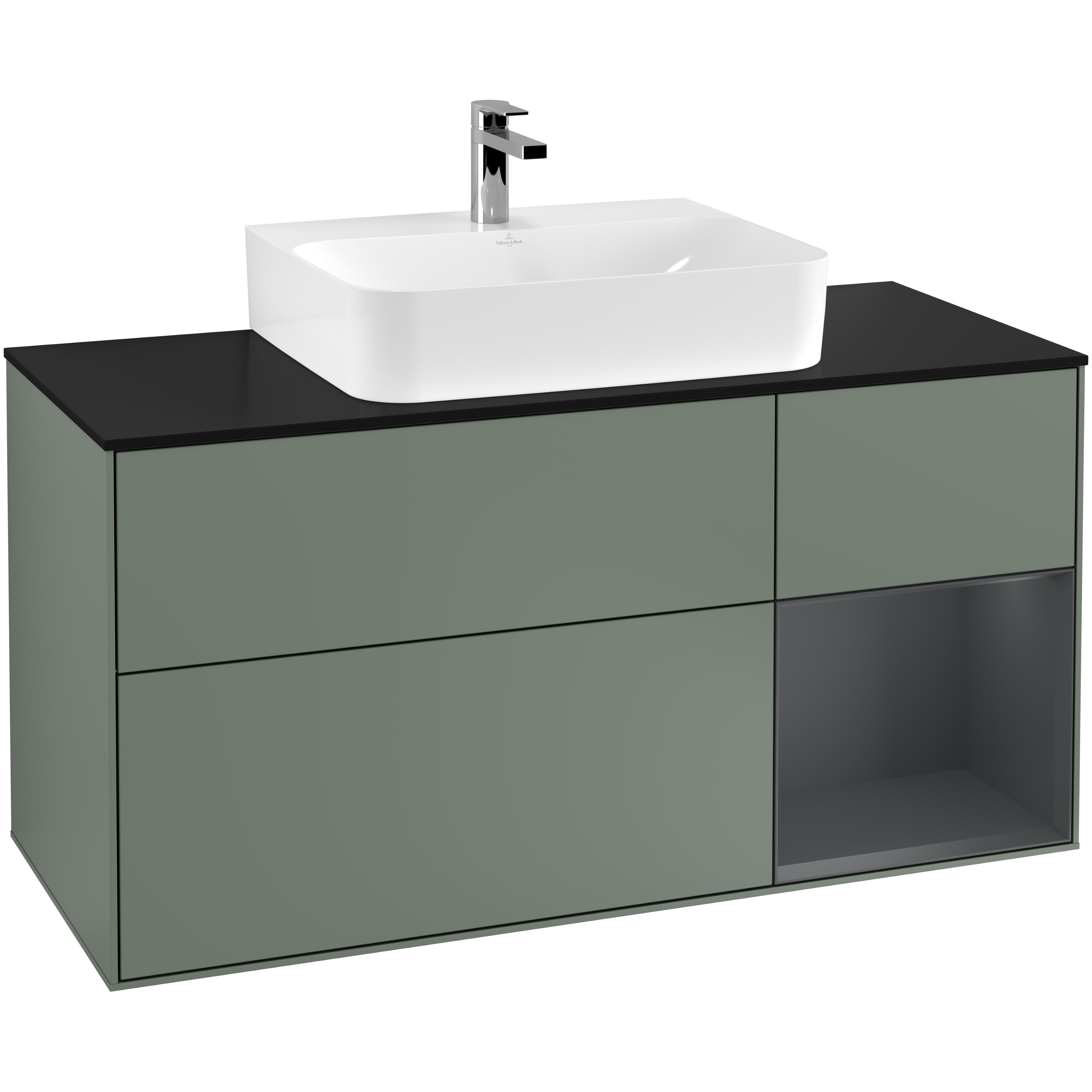 Tvättställsskåp Villeroy & Boch Finion G172HGGM Oliv Mattlack/Midnattsblå Mattlack med bänkskiva i Mattsvart glas med Väggbelysning, Lucka Höger