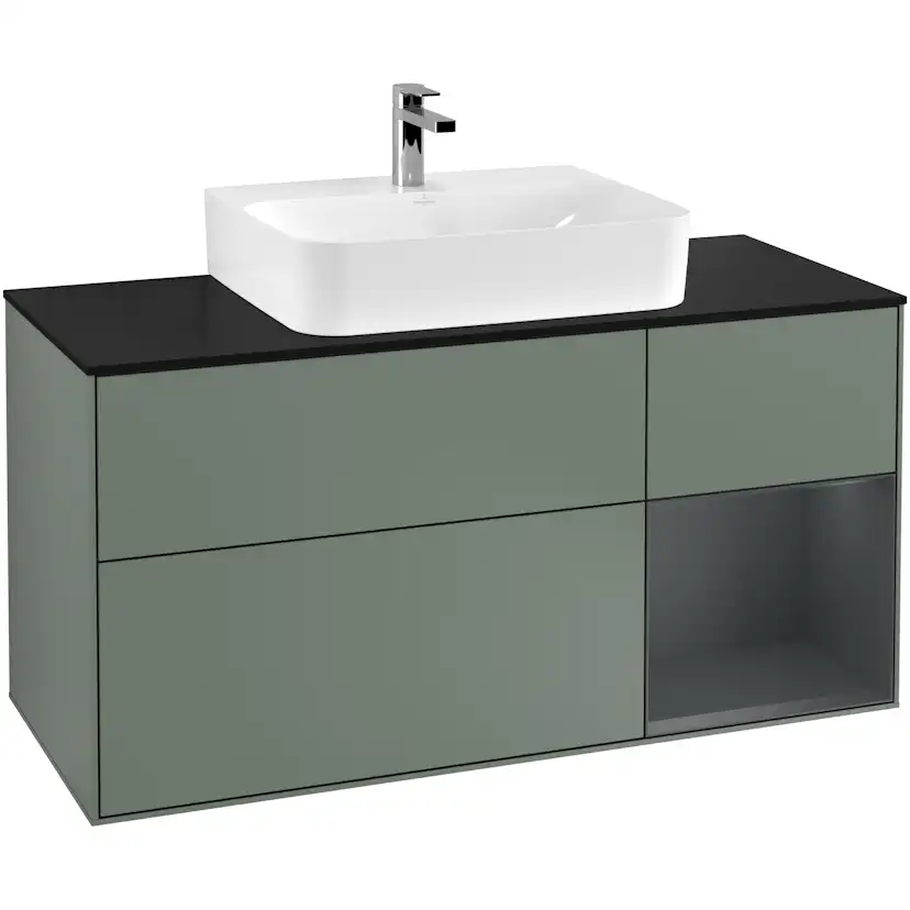 Tvättställsskåp Villeroy & Boch Finion G172HGGM Oliv Mattlack/Midnattsblå Mattlack med bänkskiva i Mattsvart glas med Väggbelysning, Lucka Höger