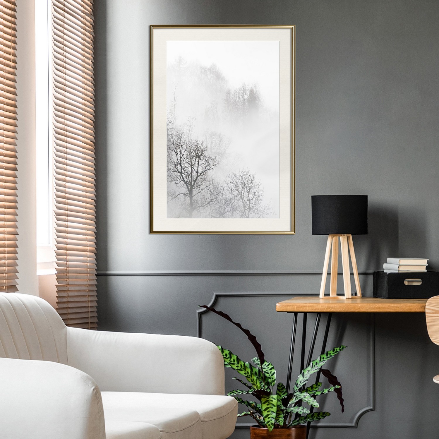 Affisch - Trees In The Fog [Poster] 30x45 Guld ram med passepartout, 30x45 cm