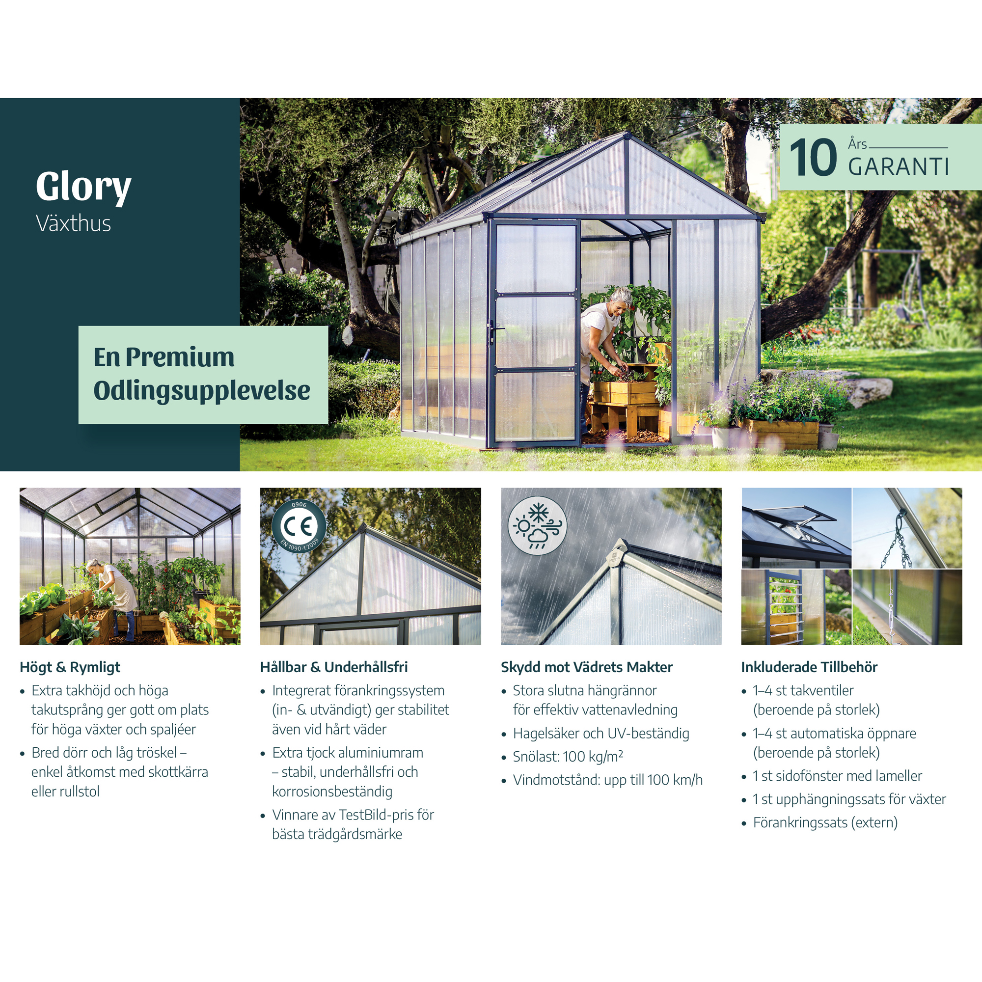 Växthus Canopia by Palram Glory Aluminiumram med UV-Skyddad Polykarbonat & Automatisk Ventilationsöppnare, 6,2 m²